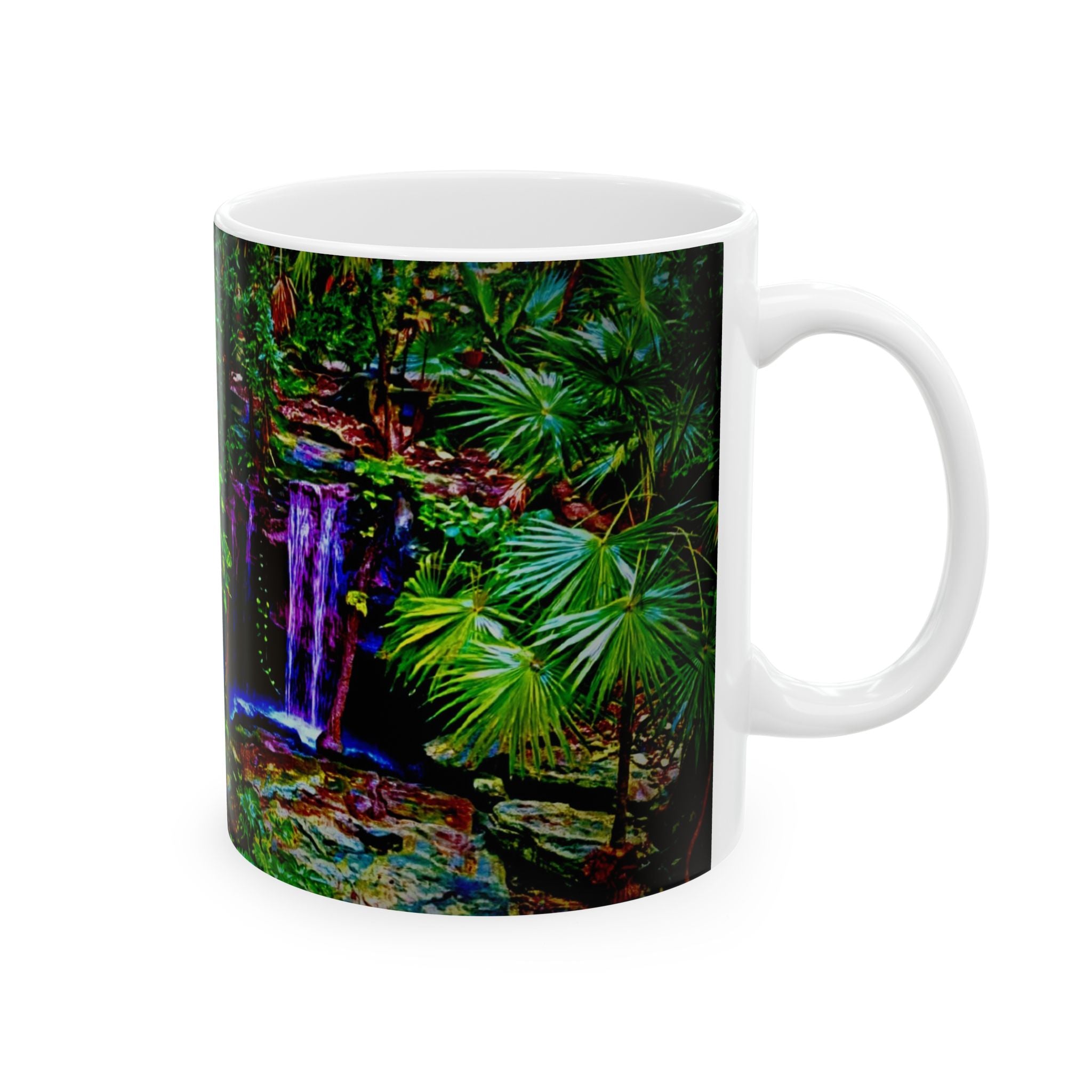 Garden Waterfall Ceramic Mug — Tranquil Forest Scenic Coffee Cup (11oz/15oz)