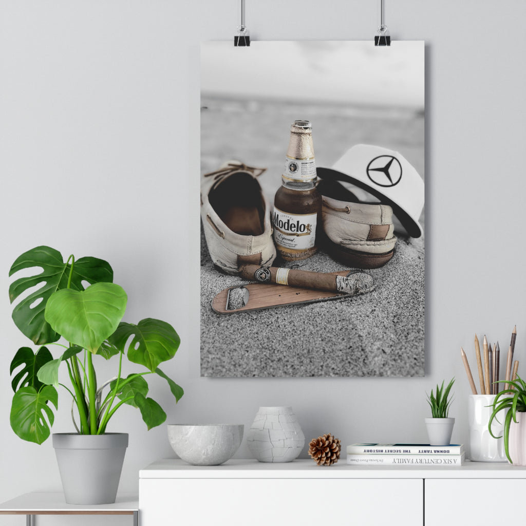 Giclée Art Print — Coastal Relaxation Still Life (Modelo Bottle, Cigar & Boat Shoes)