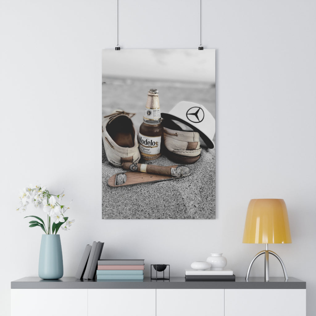 Giclée Art Print — Coastal Relaxation Still Life (Modelo Bottle, Cigar & Boat Shoes)
