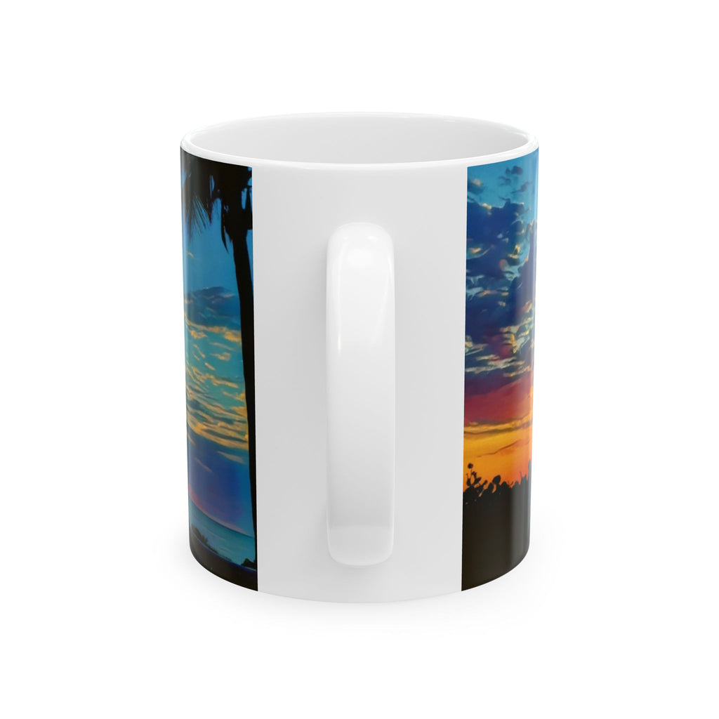 Sunset Beach Ceramic Mug — Tropical Palm Sunrise Coffee Cup (11oz, 15oz)