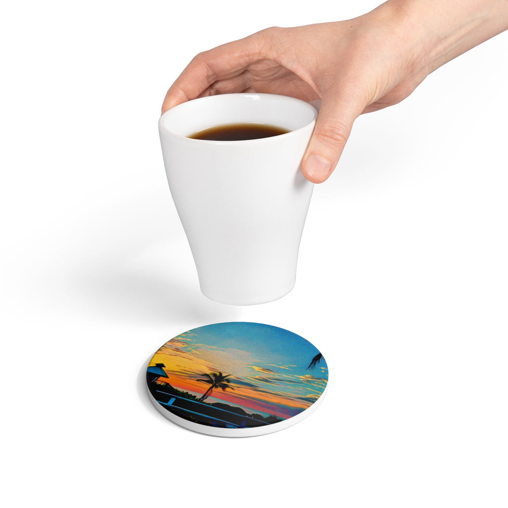Sunset Beach Ceramic Coaster — Tropical Palm Sunset Drink Coaster