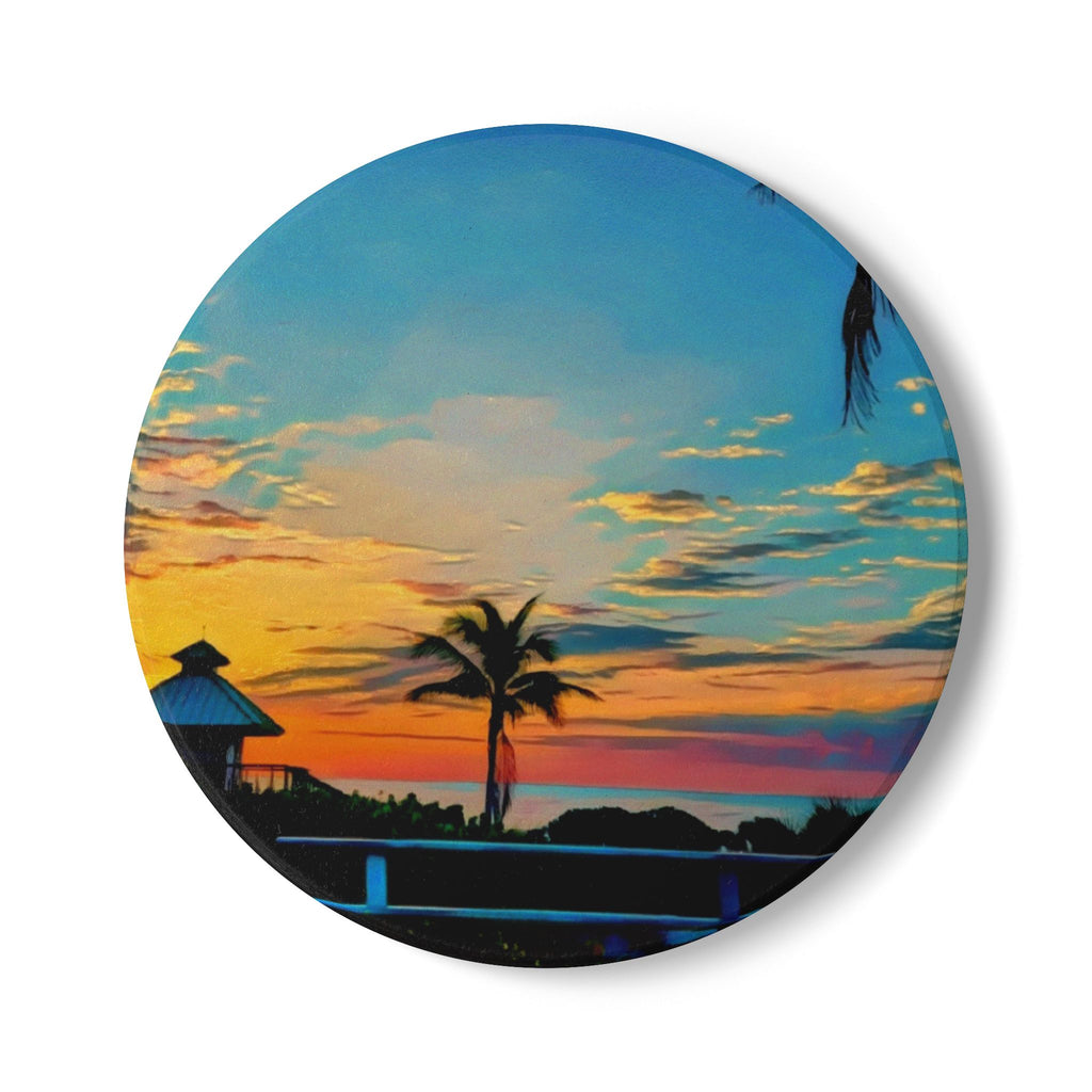 Sunset Beach Ceramic Coaster — Tropical Palm Sunset Drink Coaster