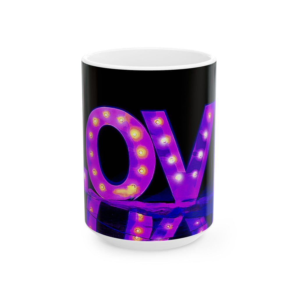 Love Marquee Ceramic Mug — Neon Purple LED Sign Coffee Cup (11oz & 15oz)