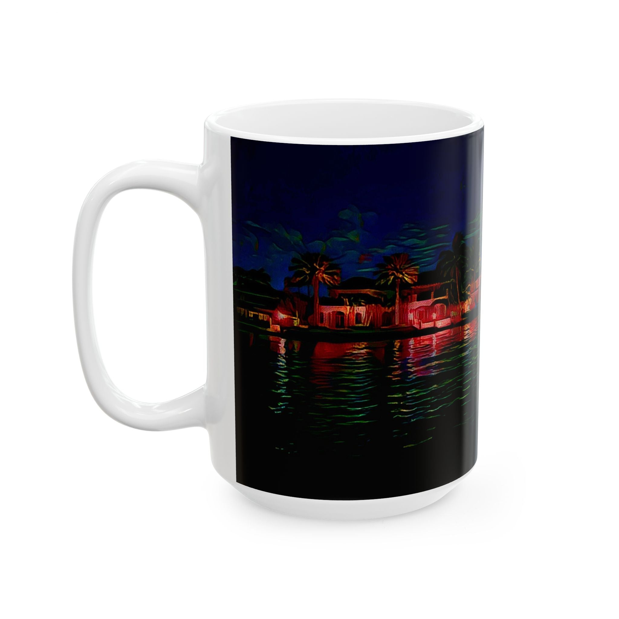 Coastal Nightscape Ceramic Mug — Tropical Harbor at Night, 11oz & 15oz