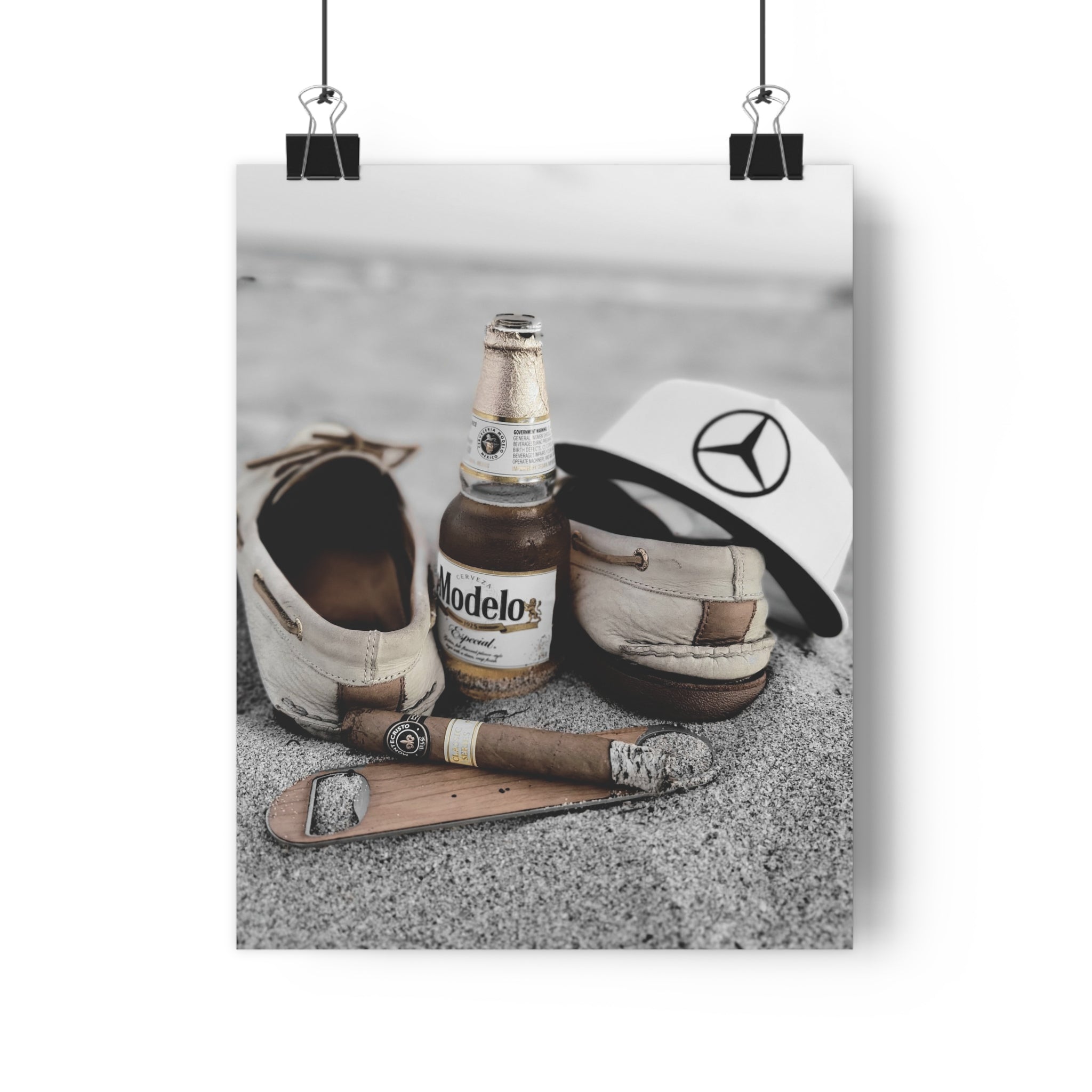 Giclée Art Print — Coastal Relaxation Still Life (Modelo Bottle, Cigar & Boat Shoes)