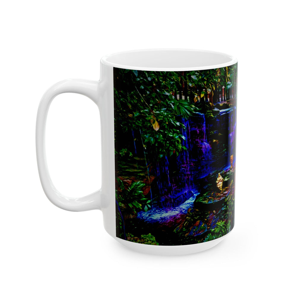 Garden Waterfall Ceramic Mug — Tranquil Forest Scenic Coffee Cup (11oz/15oz)