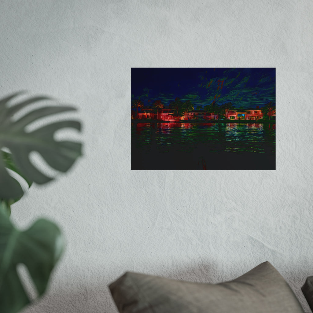 Neon Waterfront Fine Art Poster — Moody Nightscape Beach Houses Print