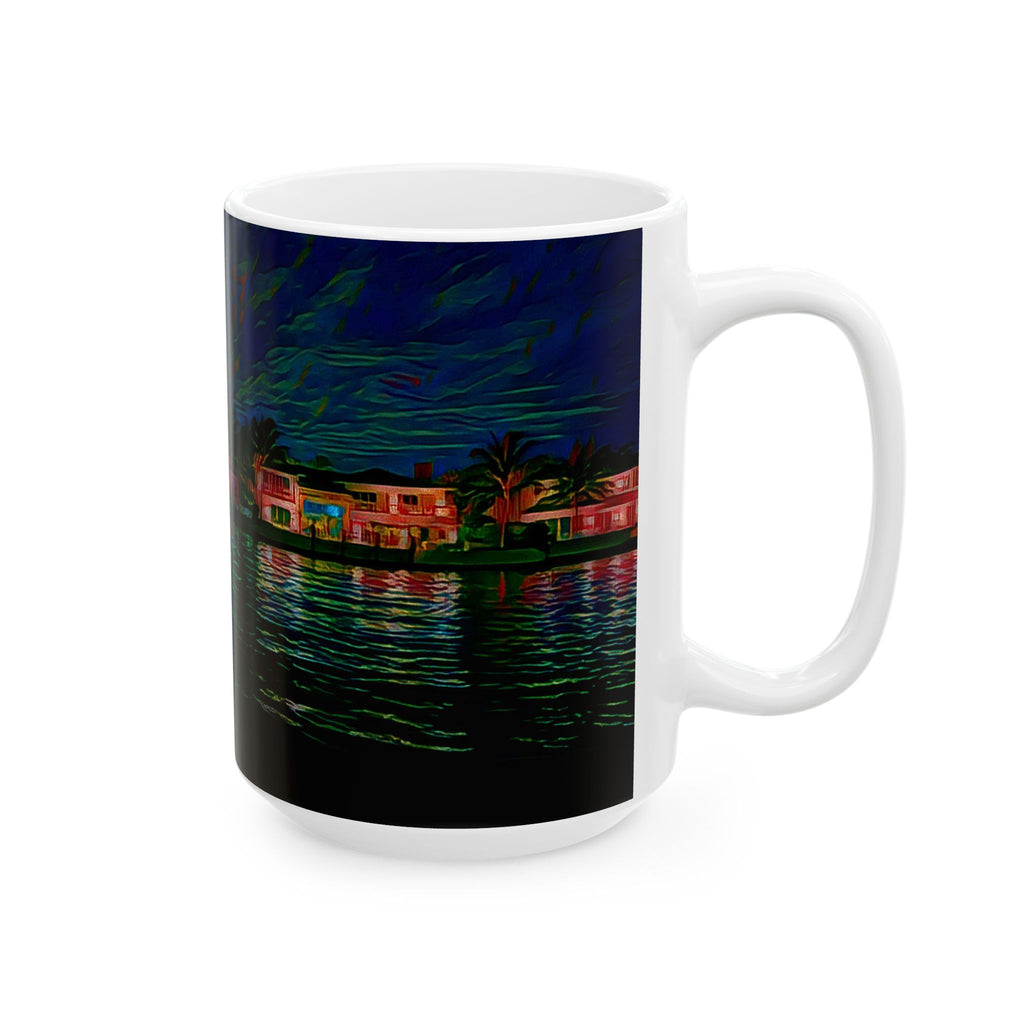 Coastal Nightscape Ceramic Mug — Tropical Harbor at Night, 11oz & 15oz