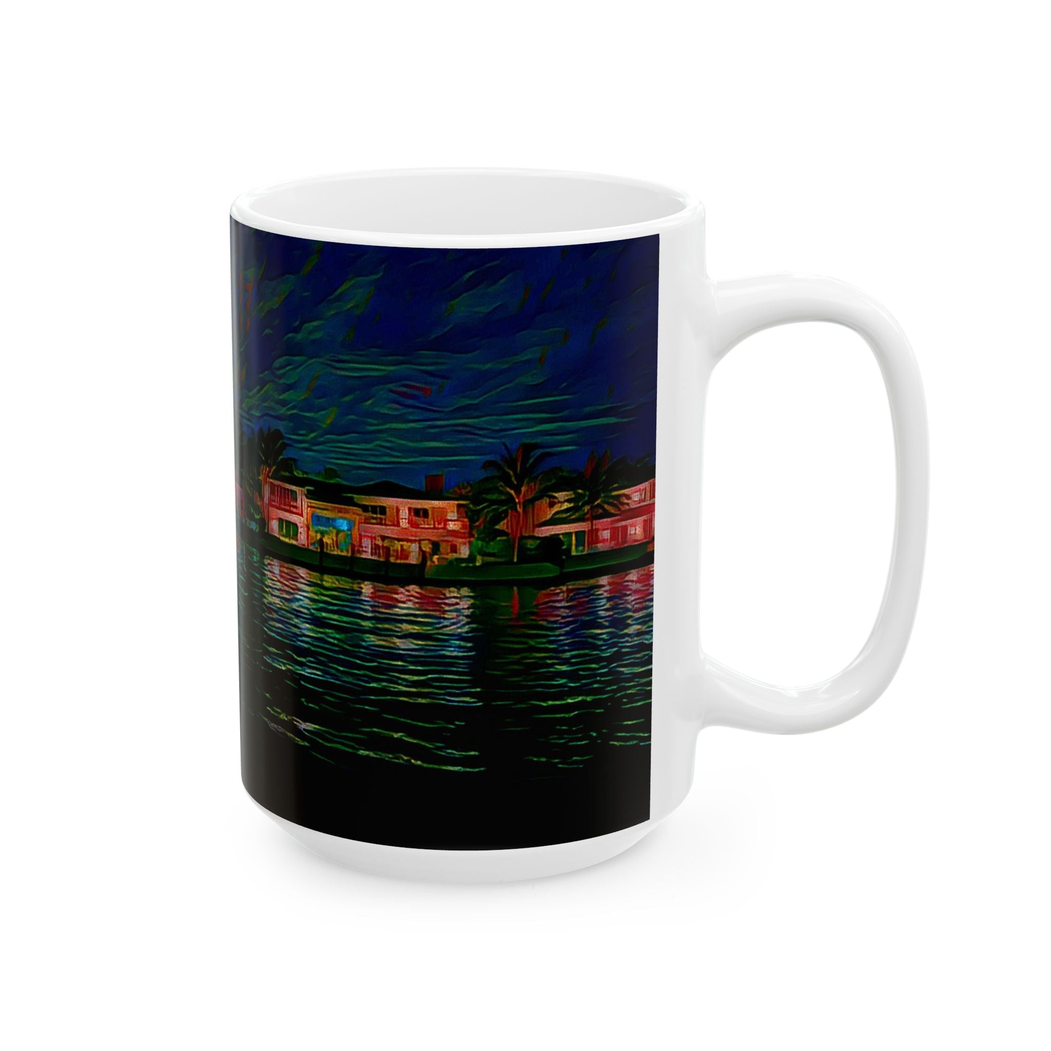 Coastal Nightscape Ceramic Mug — Tropical Harbor at Night, 11oz & 15oz