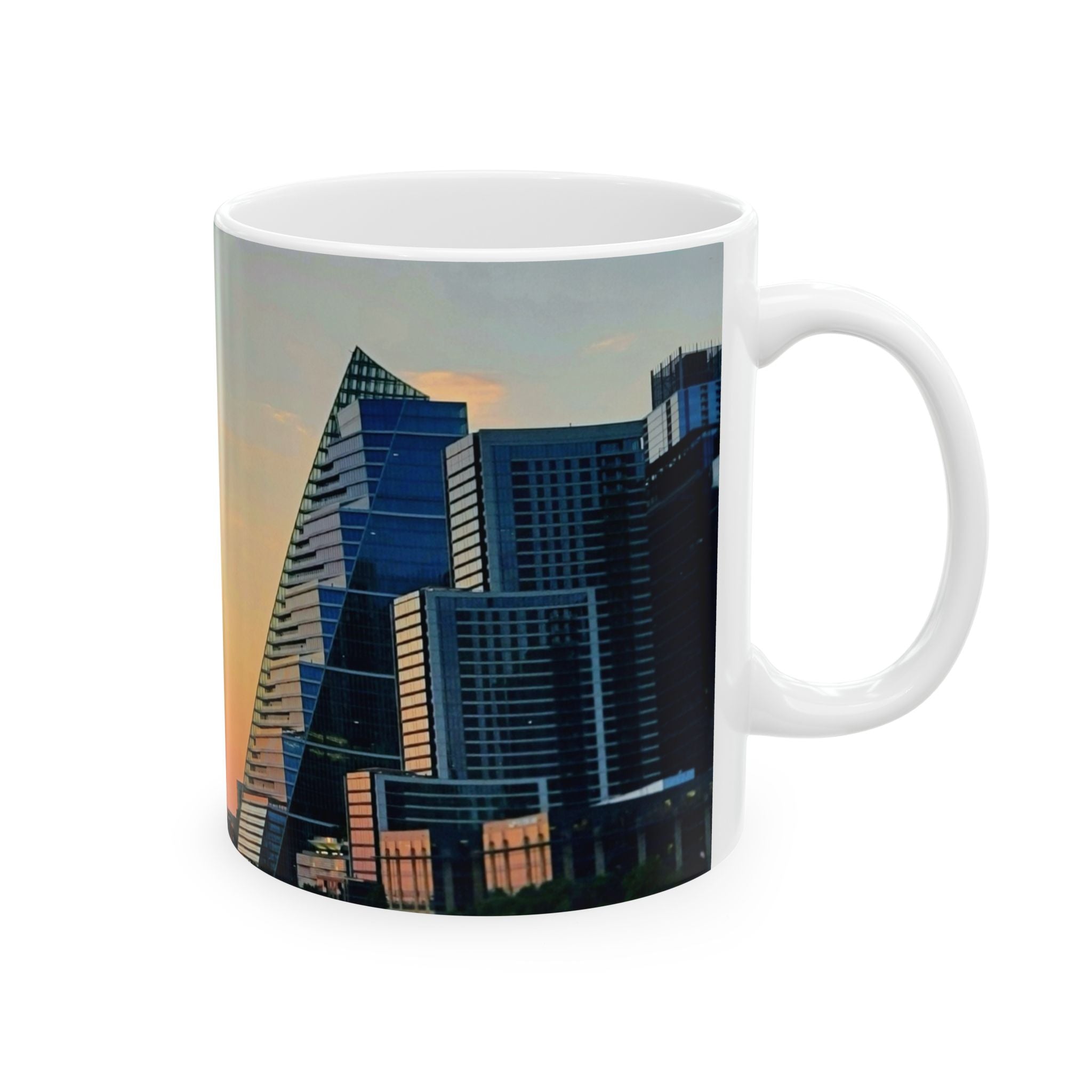 City Skyline Sunset Mug — Modern Urban Architecture Coffee Cup (11oz/15oz)