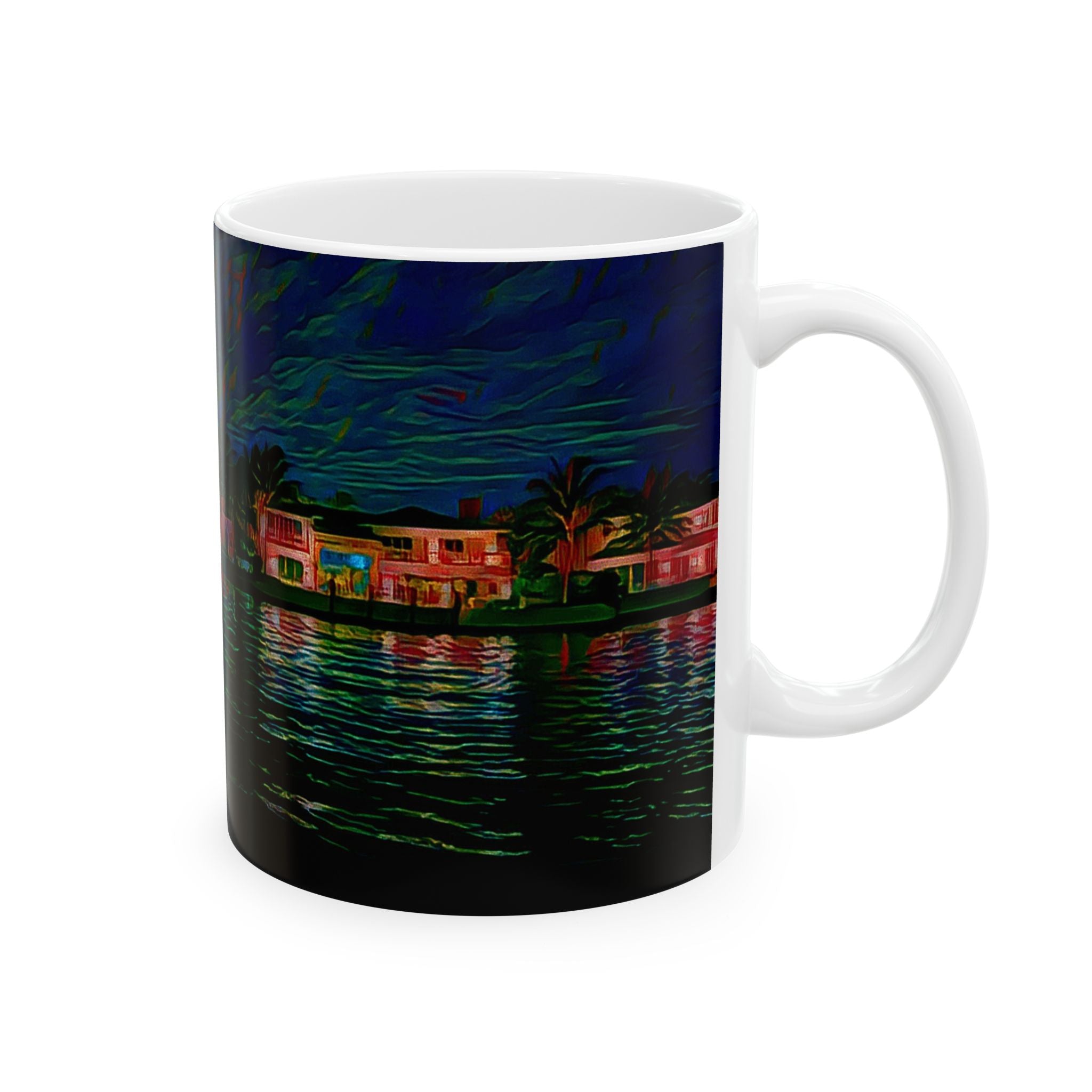Coastal Nightscape Ceramic Mug — Tropical Harbor at Night, 11oz & 15oz