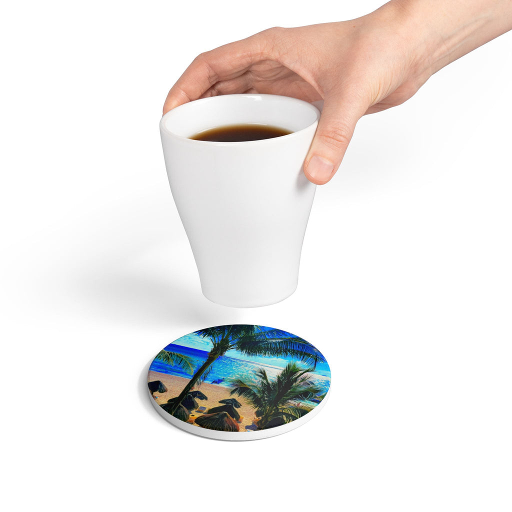 Beach Palm Ceramic Coaster — Tropical Ocean Sunset Drink Coaster