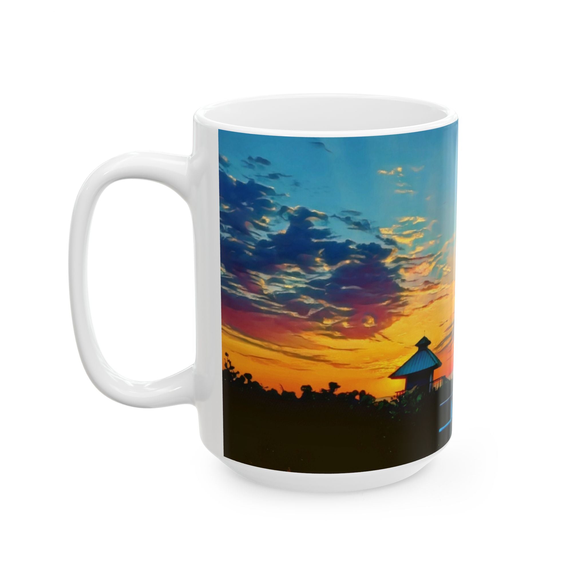Sunset Beach Ceramic Mug — Tropical Palm Sunrise Coffee Cup (11oz, 15oz)