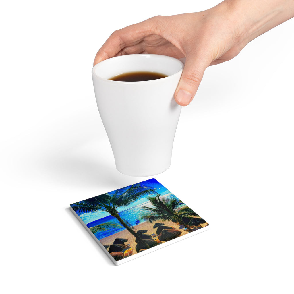 Beach Palm Ceramic Coaster — Tropical Ocean Sunset Drink Coaster