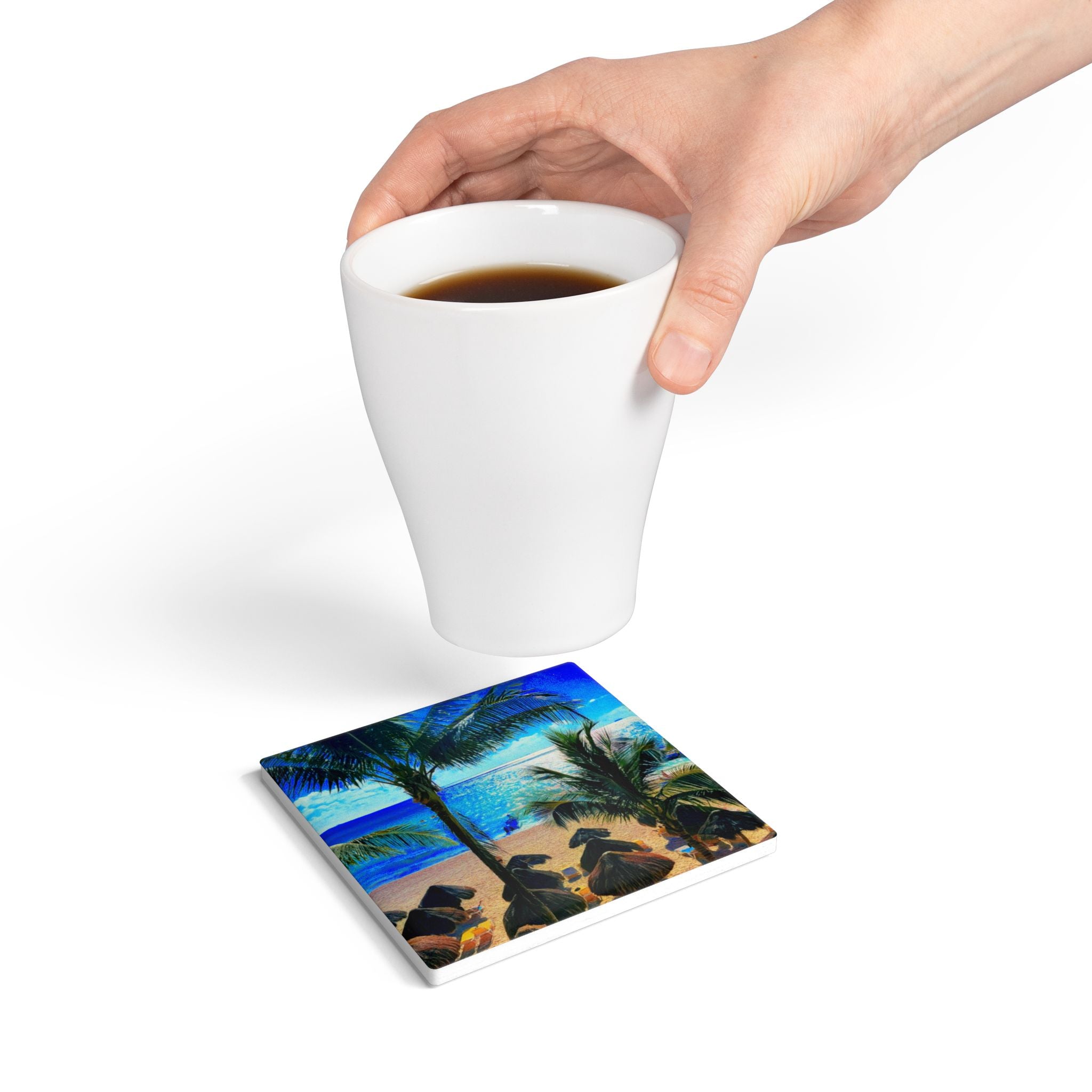 Beach Palm Ceramic Coaster — Tropical Ocean Sunset Drink Coaster