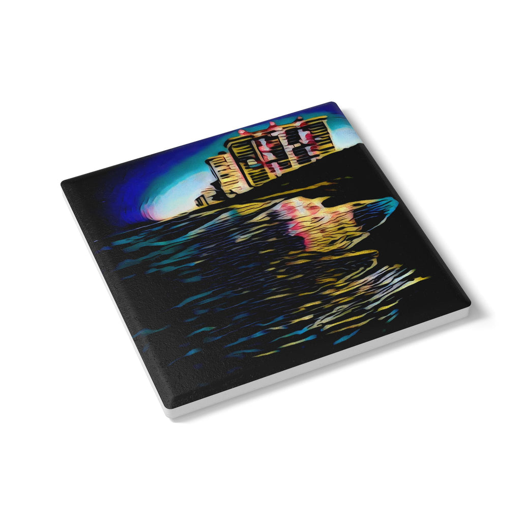 Beach Night Reflection Ceramic Coaster — Coastal Sunset Art Drink Saver