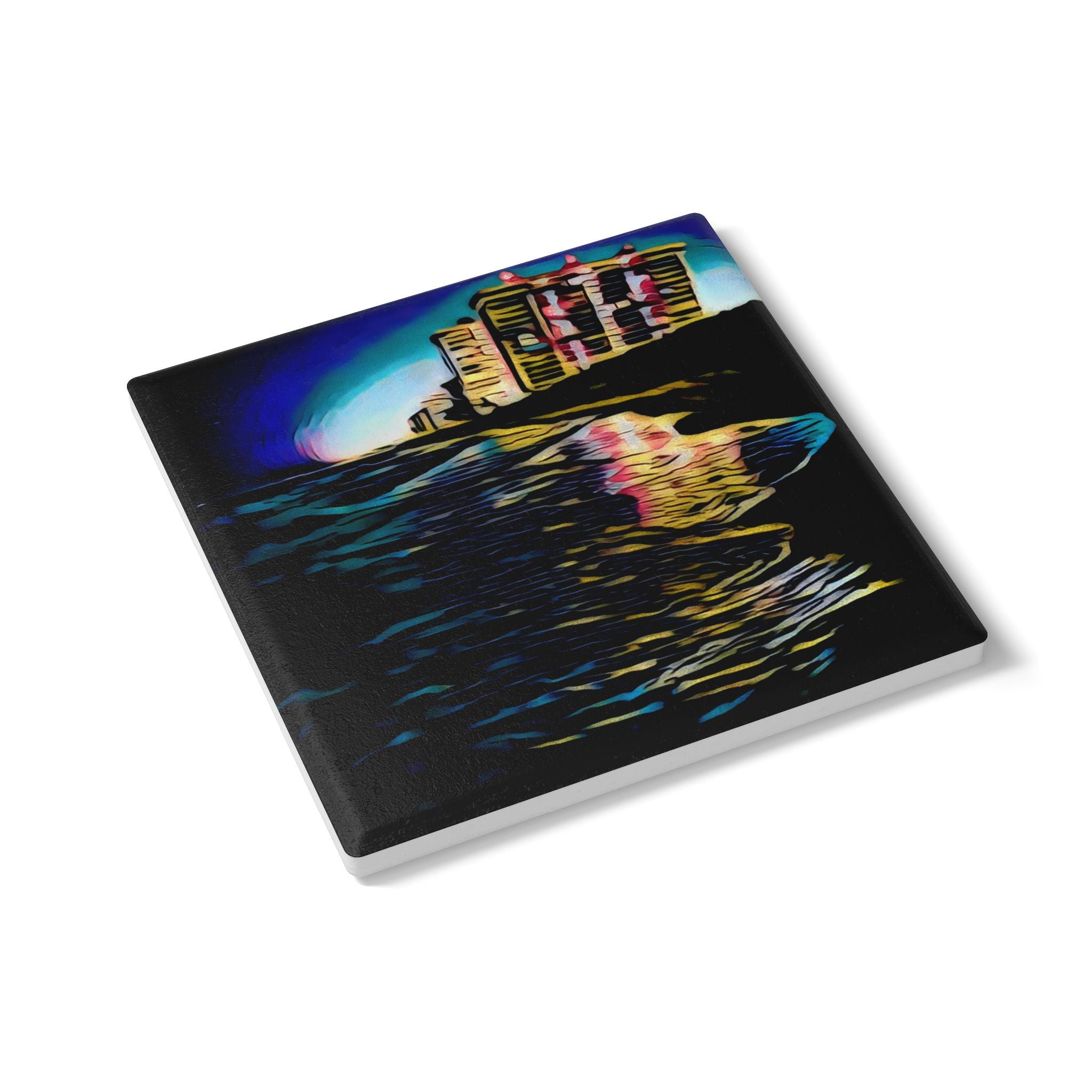 Beach Night Reflection Ceramic Coaster — Coastal Sunset Art Drink Saver