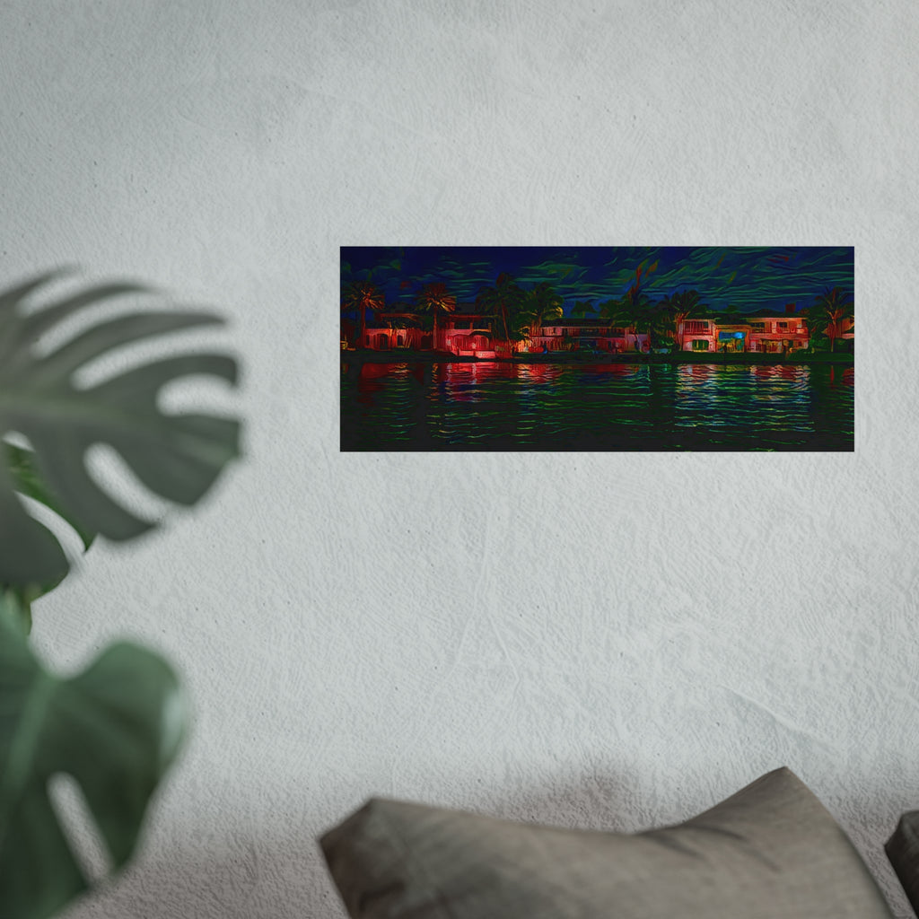 Neon Waterfront Fine Art Poster — Moody Nightscape Beach Houses Print