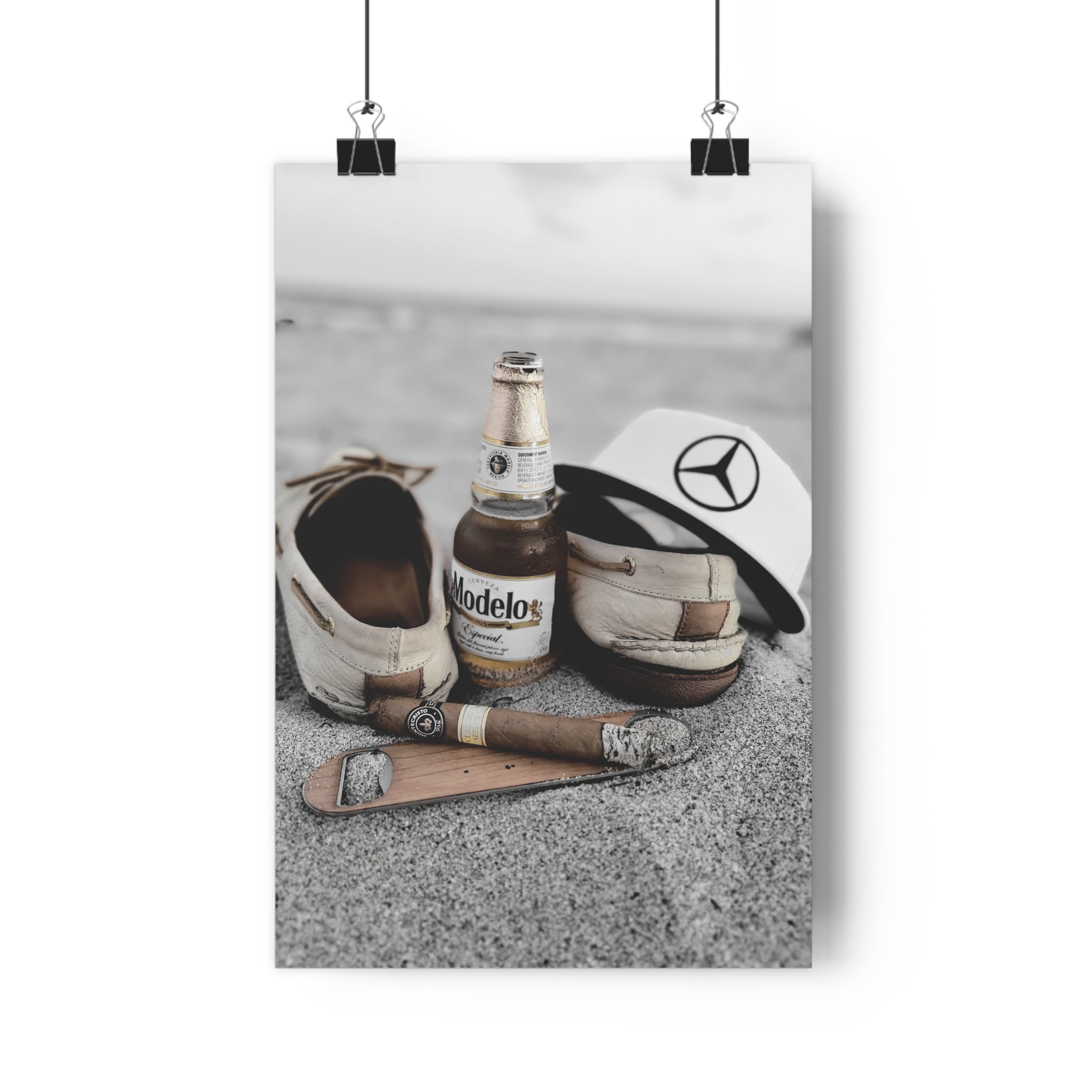 Giclée Art Print — Coastal Relaxation Still Life (Modelo Bottle, Cigar & Boat Shoes)
