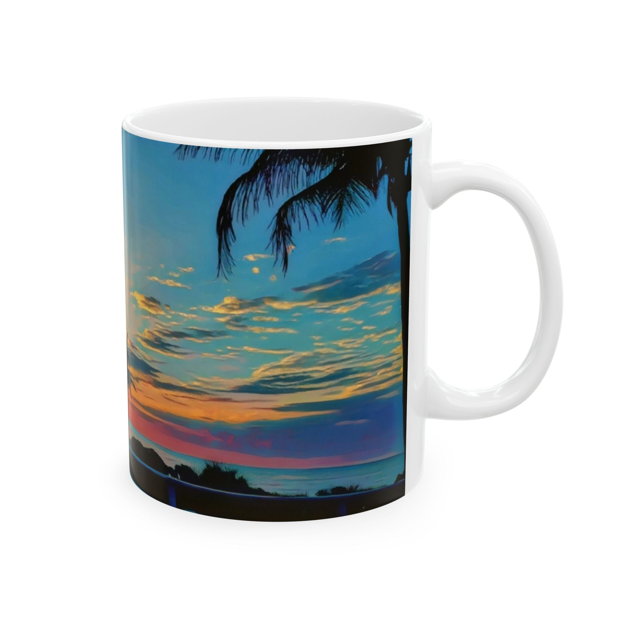 Sunset Beach Ceramic Mug — Tropical Palm Sunrise Coffee Cup (11oz, 15oz)