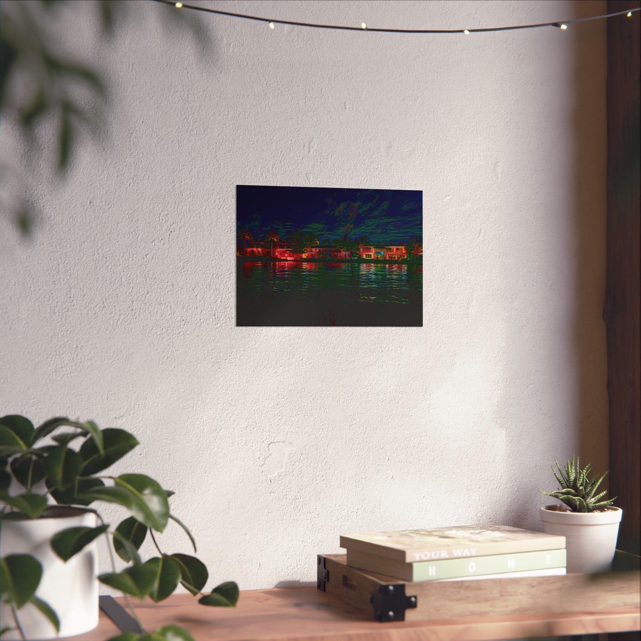 Neon Waterfront Fine Art Poster — Moody Nightscape Beach Houses Print