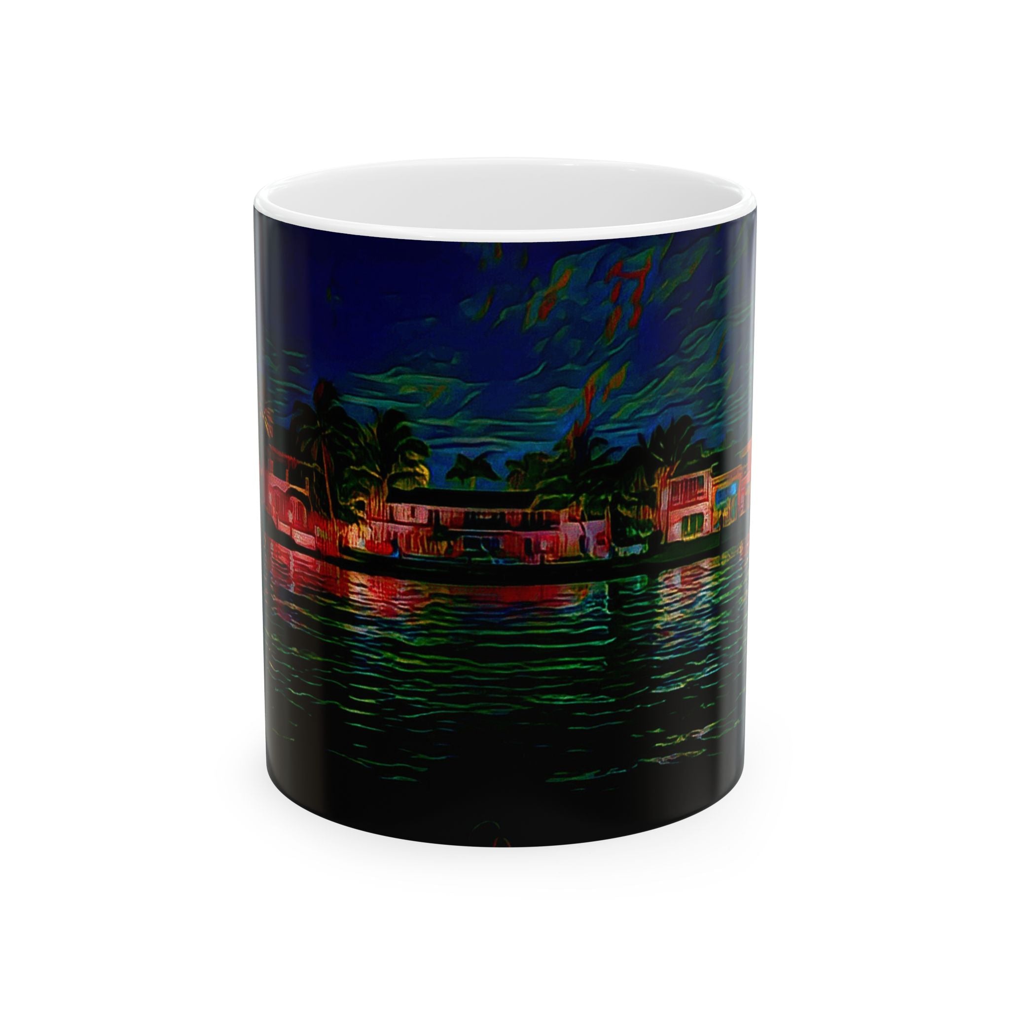 Coastal Nightscape Ceramic Mug — Tropical Harbor at Night, 11oz & 15oz