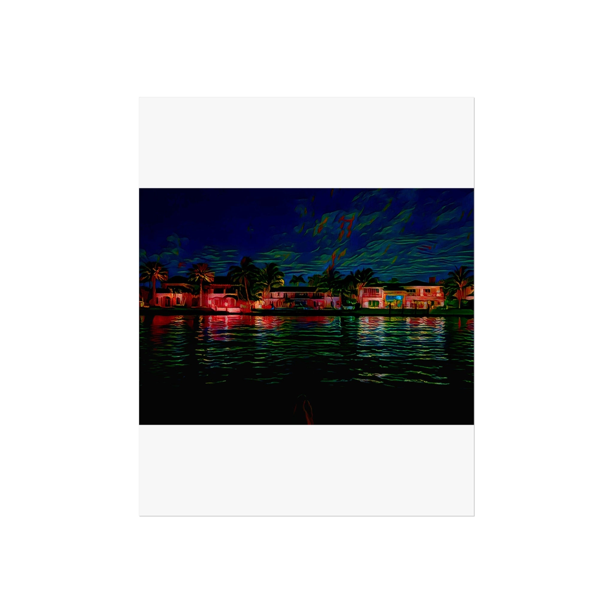 Neon Waterfront Fine Art Poster — Moody Nightscape Beach Houses Print