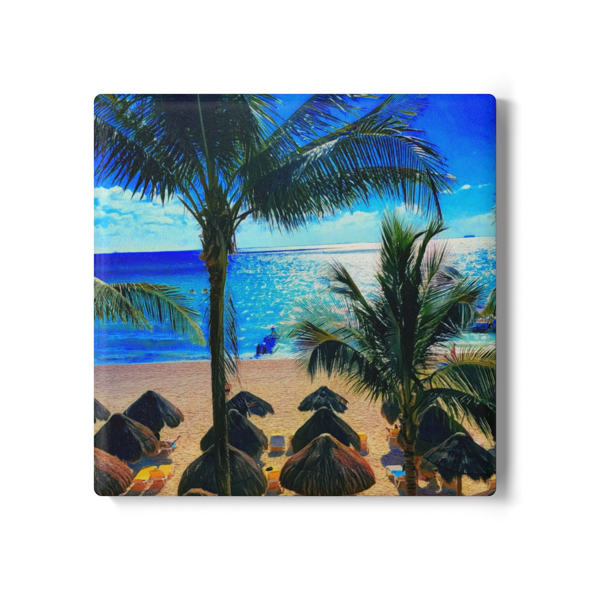 Beach Palm Ceramic Coaster — Tropical Ocean Sunset Drink Coaster