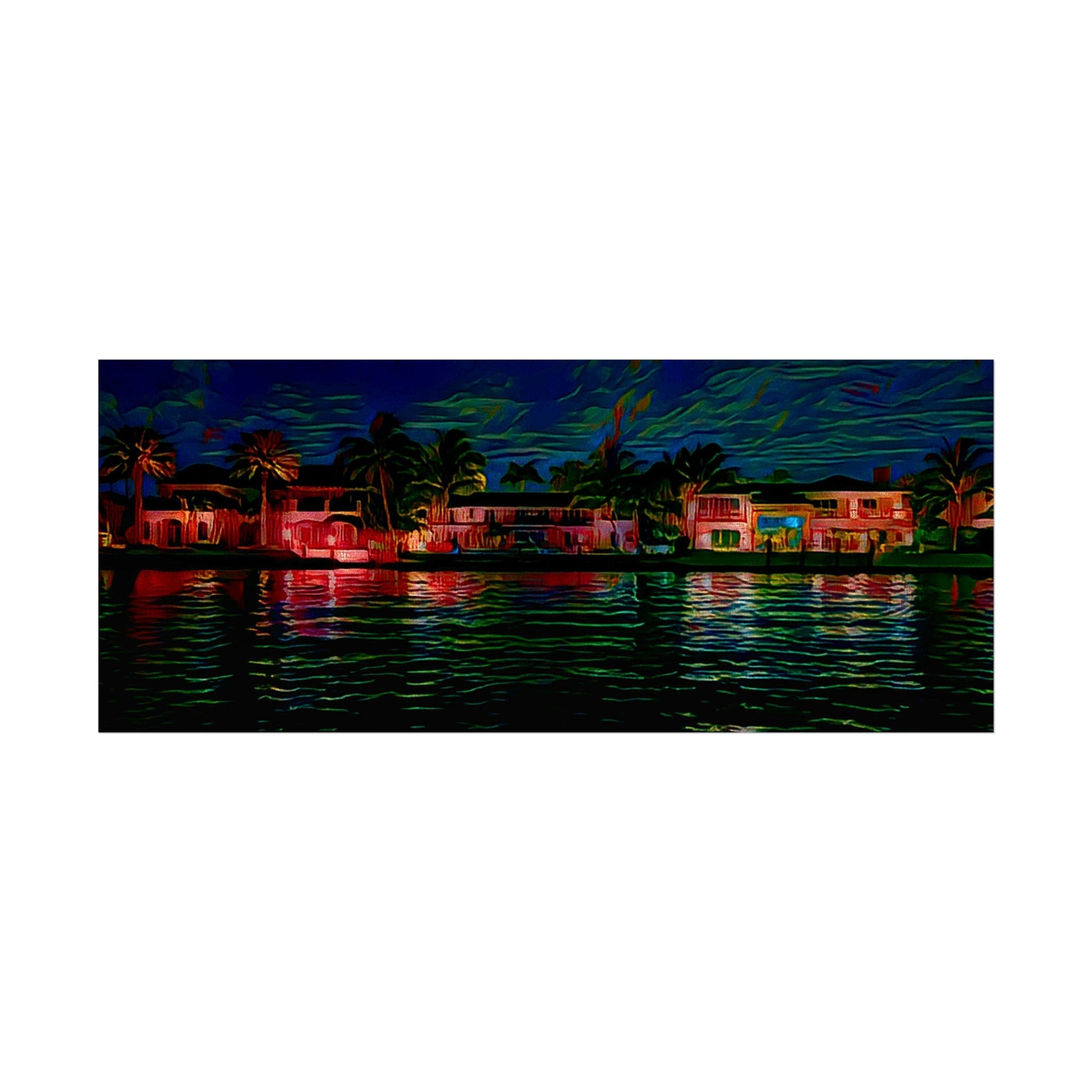 Neon Waterfront Fine Art Poster — Moody Nightscape Beach Houses Print