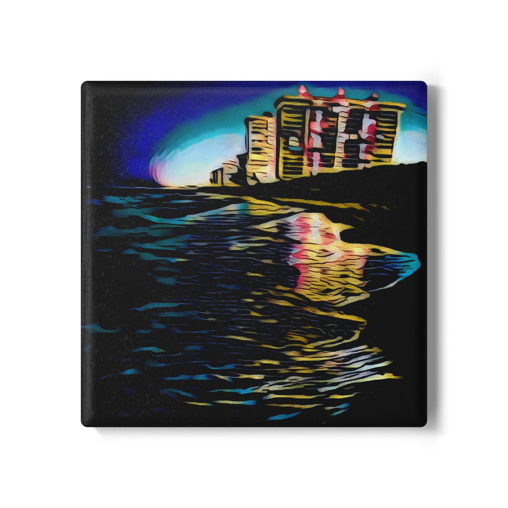 Beach Night Reflection Ceramic Coaster — Coastal Sunset Art Drink Saver