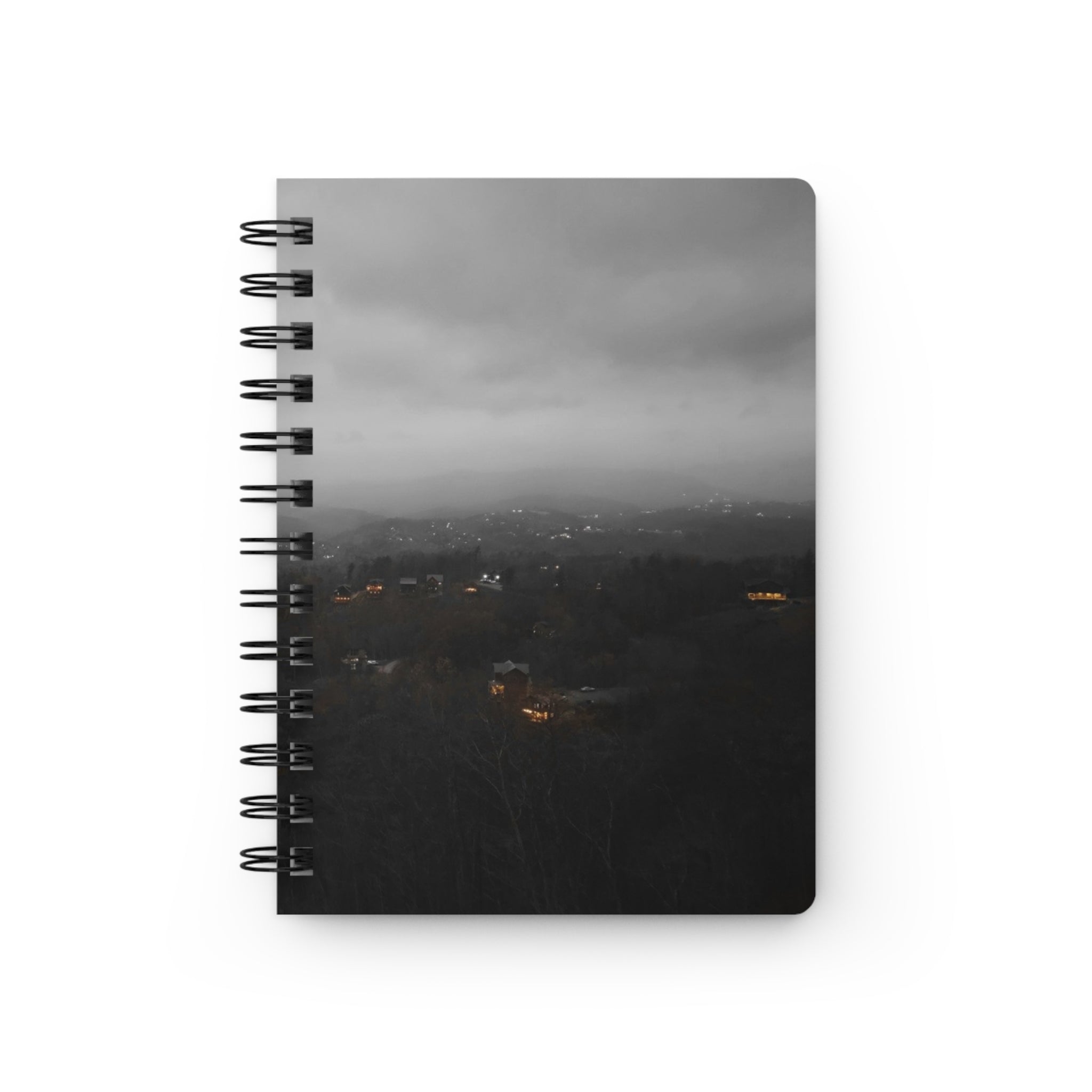 Misty Valley Spiral Journal — Moody Black & White Landscape Notebook