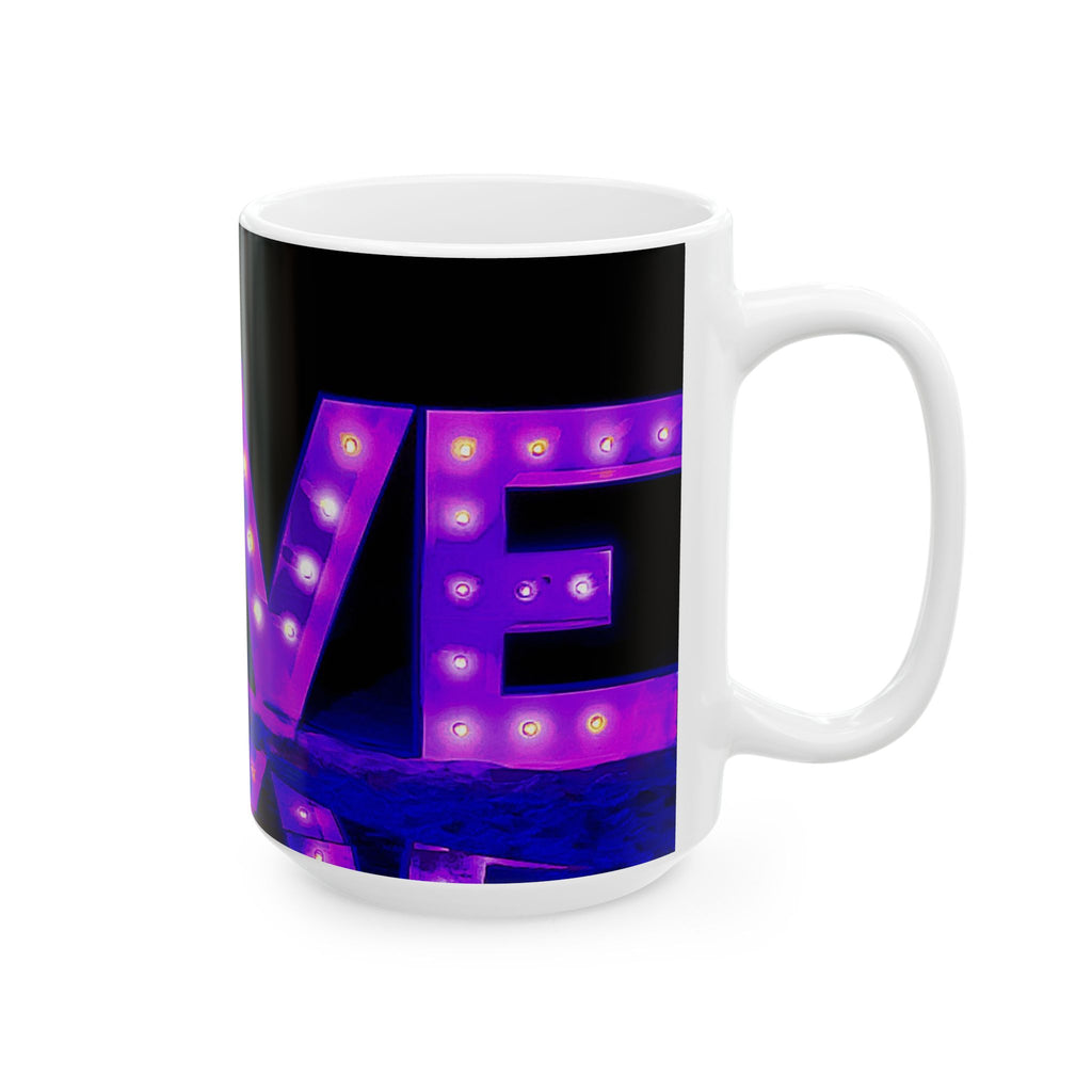Love Marquee Ceramic Mug — Neon Purple LED Sign Coffee Cup (11oz & 15oz)