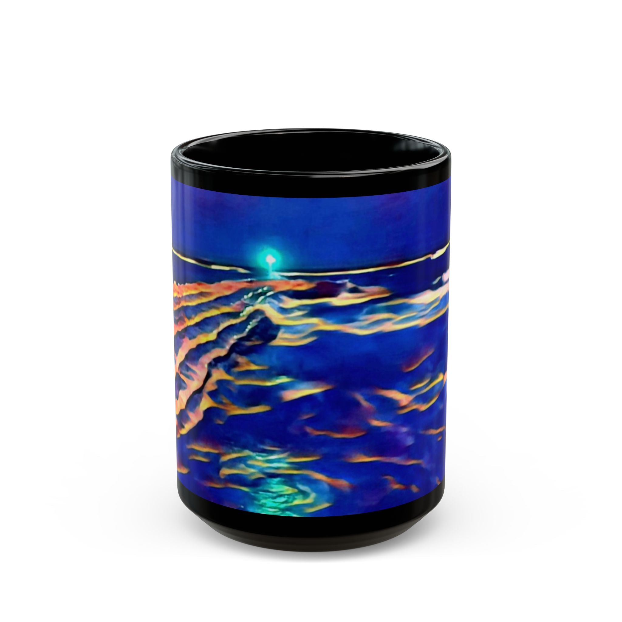 Blue Ocean Waves Black Mug — Abstract Seascape Ceramic Coffee Cup (11oz/15oz)