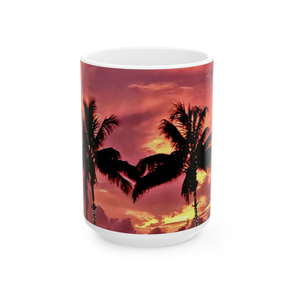 Sunset Palm Heart Ceramic Mug — Tropical Beach Coffee Cup (11oz & 15oz)