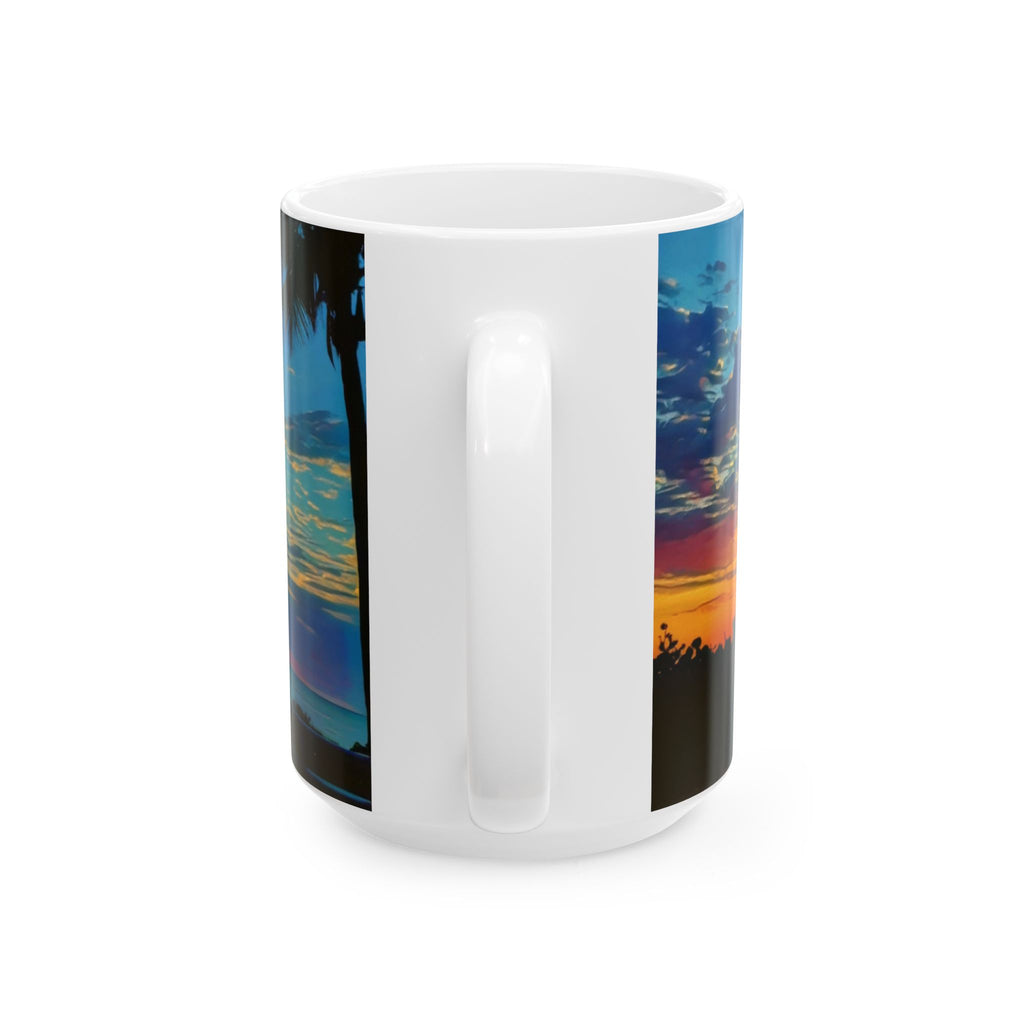 Sunset Beach Ceramic Mug — Tropical Palm Sunrise Coffee Cup (11oz, 15oz)
