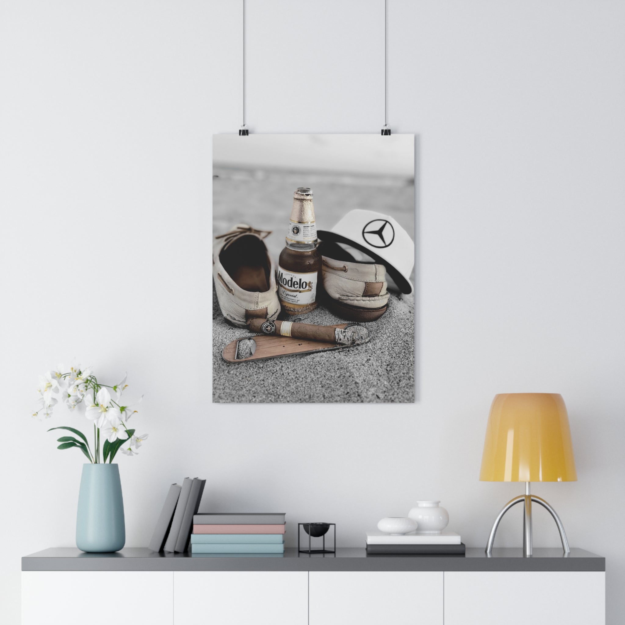 Giclée Art Print — Coastal Relaxation Still Life (Modelo Bottle, Cigar & Boat Shoes)