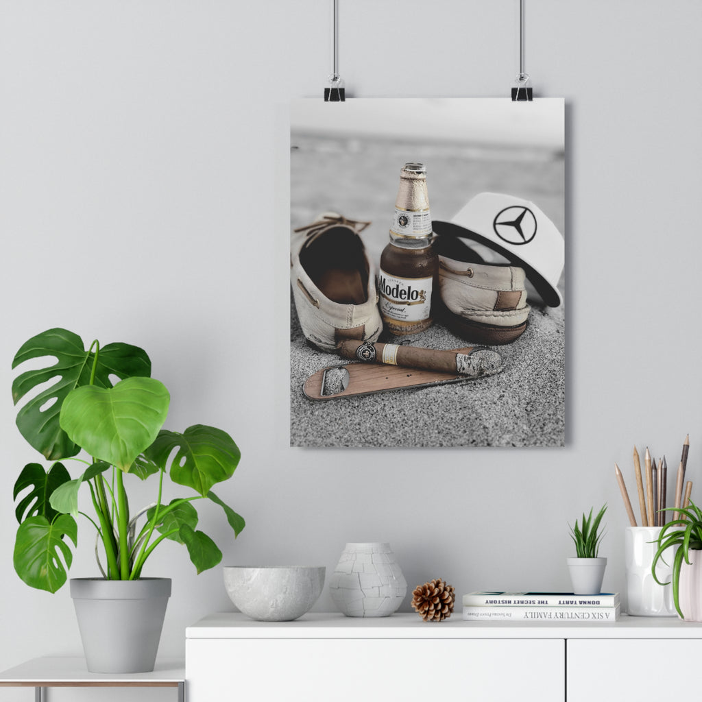 Giclée Art Print — Coastal Relaxation Still Life (Modelo Bottle, Cigar & Boat Shoes)