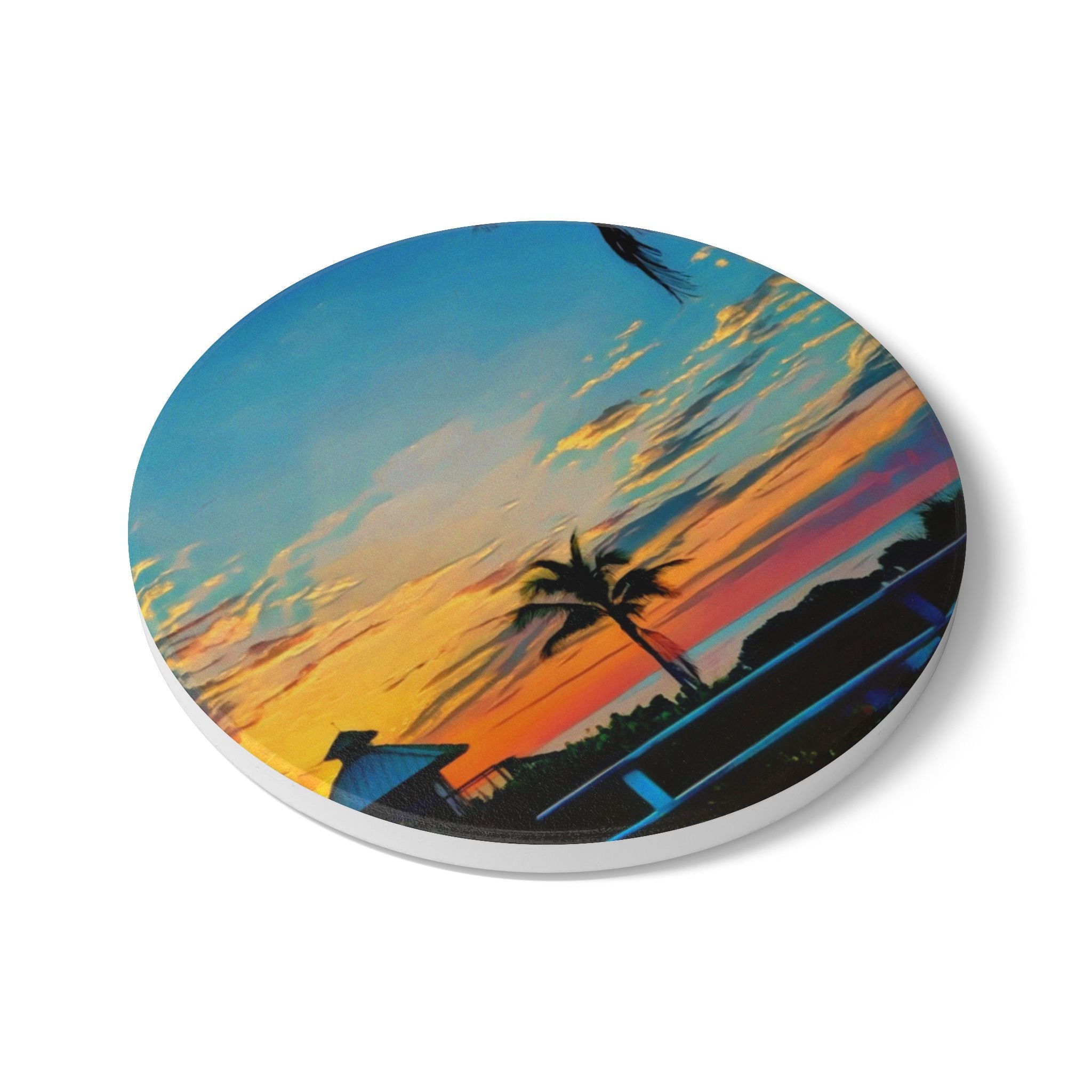 Sunset Beach Ceramic Coaster — Tropical Palm Sunset Drink Coaster