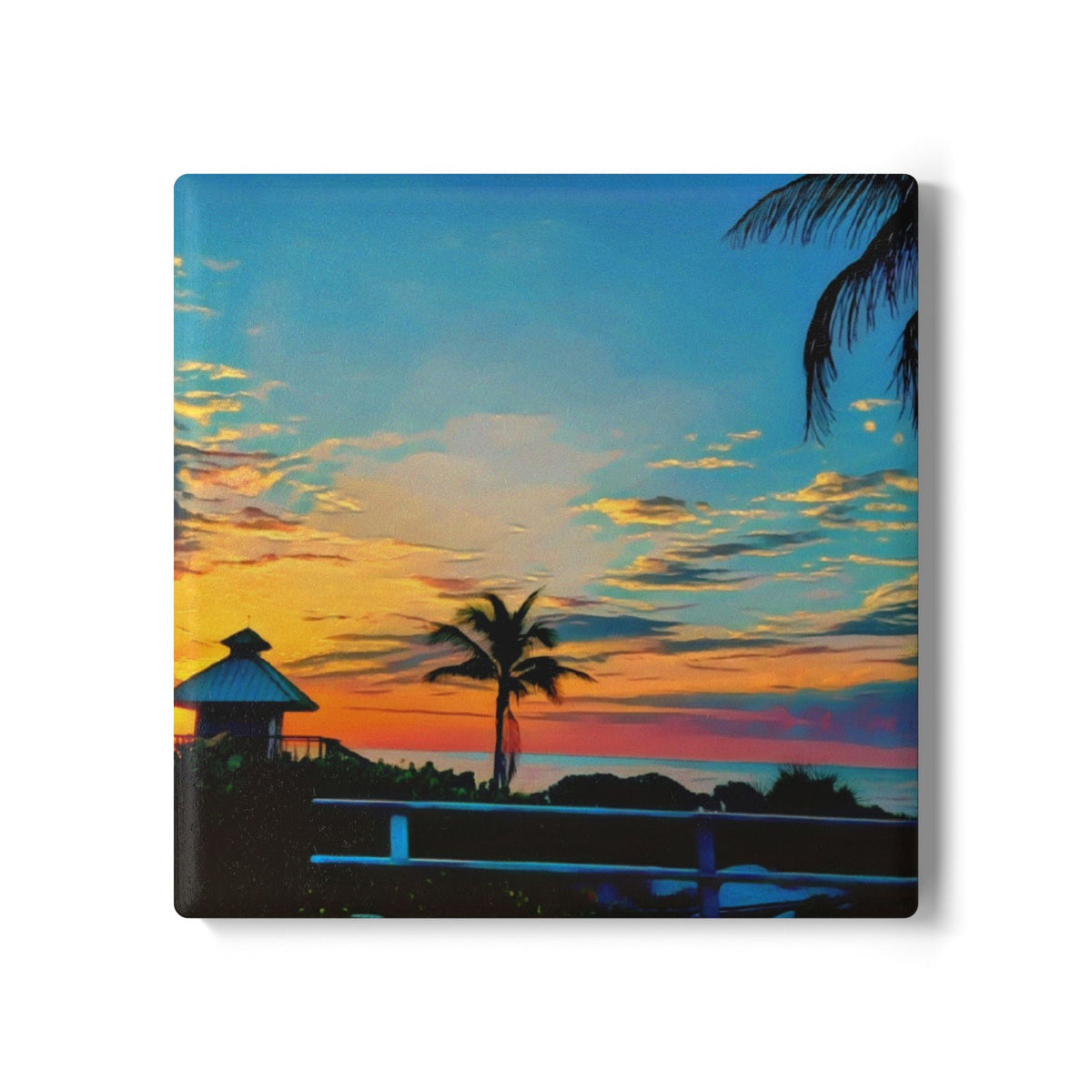 Sunset Beach Ceramic Coaster — Tropical Palm Sunset Drink Coaster
