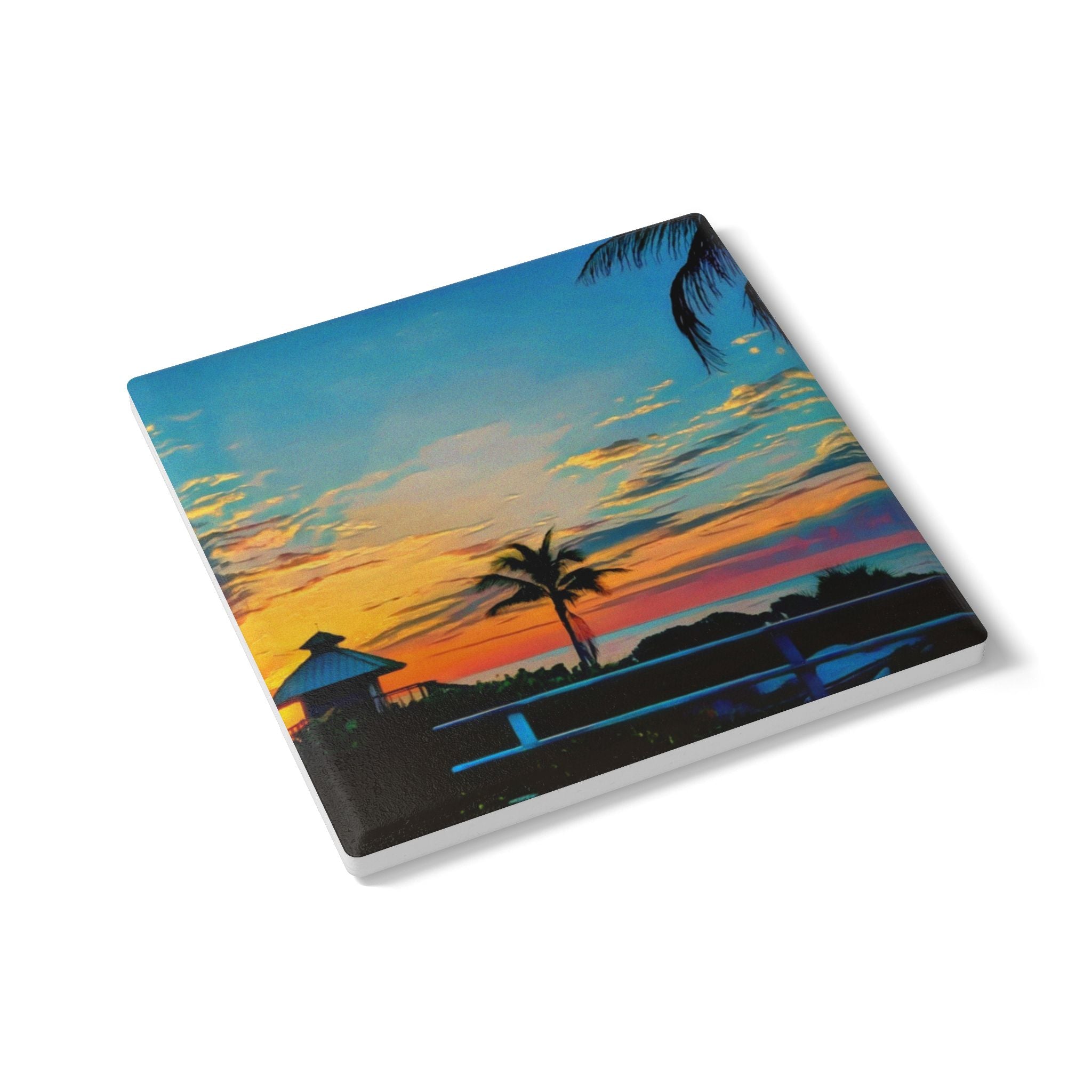 Sunset Beach Ceramic Coaster — Tropical Palm Sunset Drink Coaster