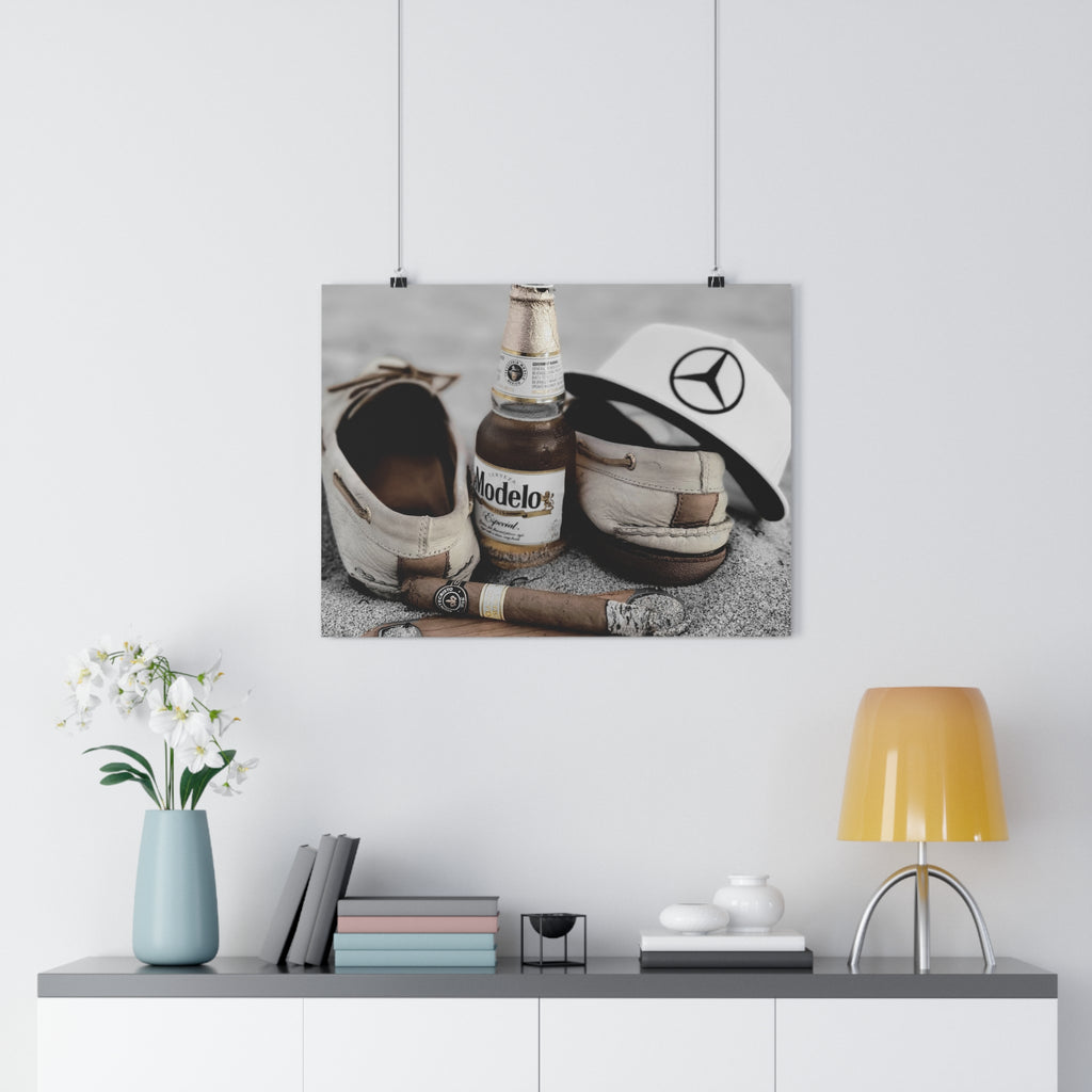 Giclée Art Print — Coastal Relaxation Still Life (Modelo Bottle, Cigar & Boat Shoes)