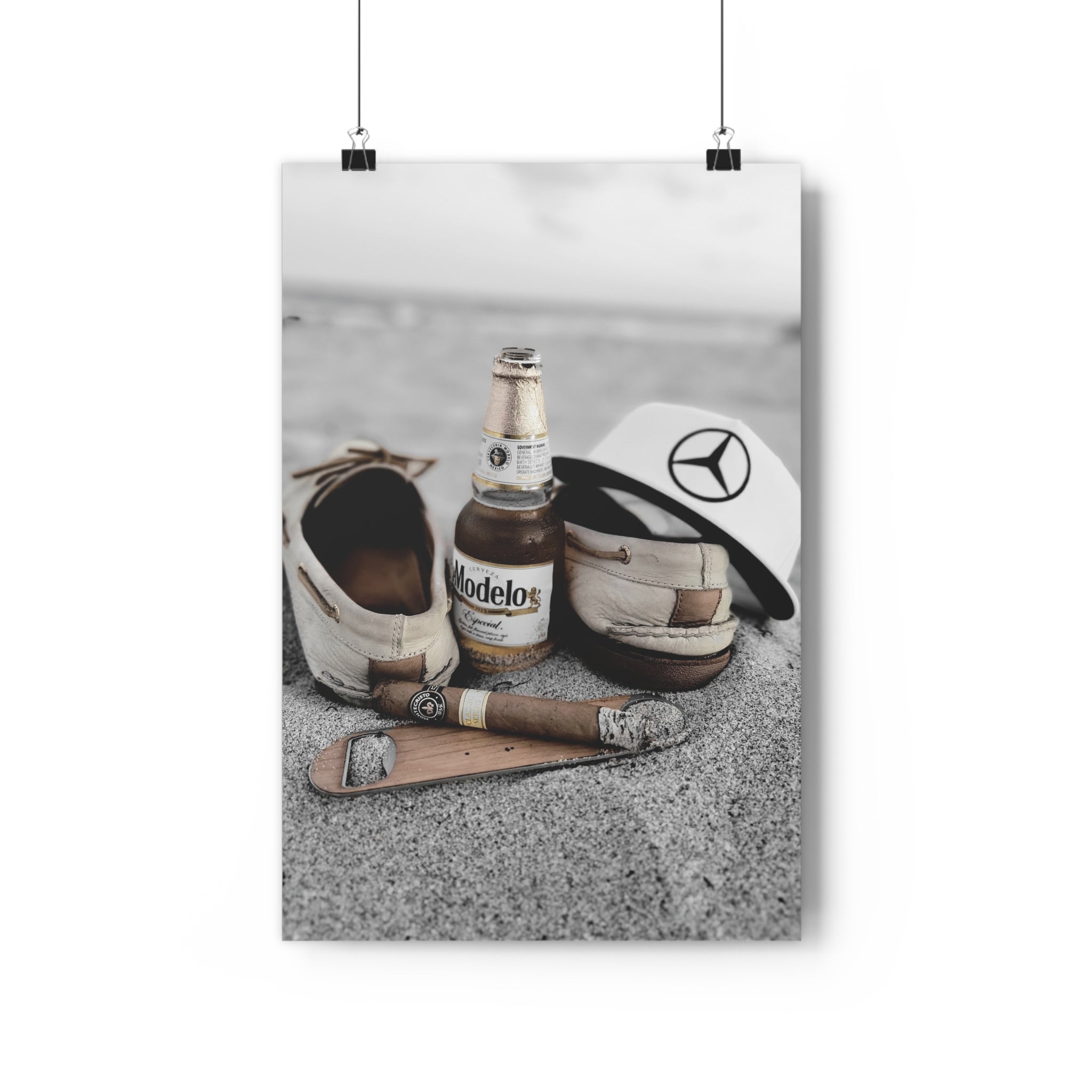 Giclée Art Print — Coastal Relaxation Still Life (Modelo Bottle, Cigar & Boat Shoes)