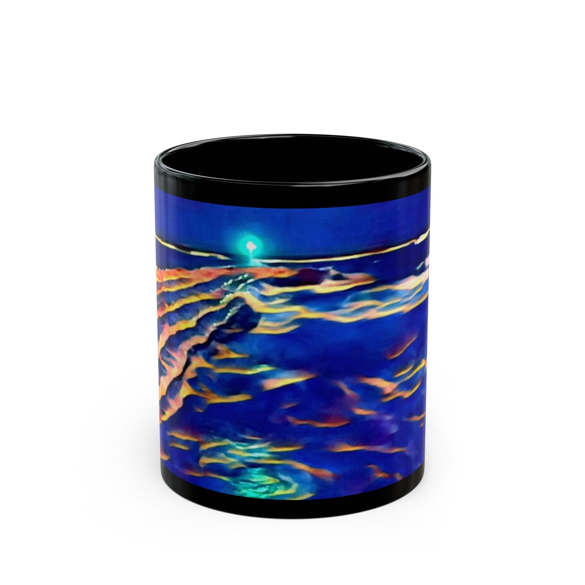 Blue Ocean Waves Black Mug — Abstract Seascape Ceramic Coffee Cup (11oz/15oz)
