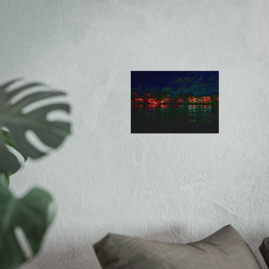 Neon Waterfront Fine Art Poster — Moody Nightscape Beach Houses Print