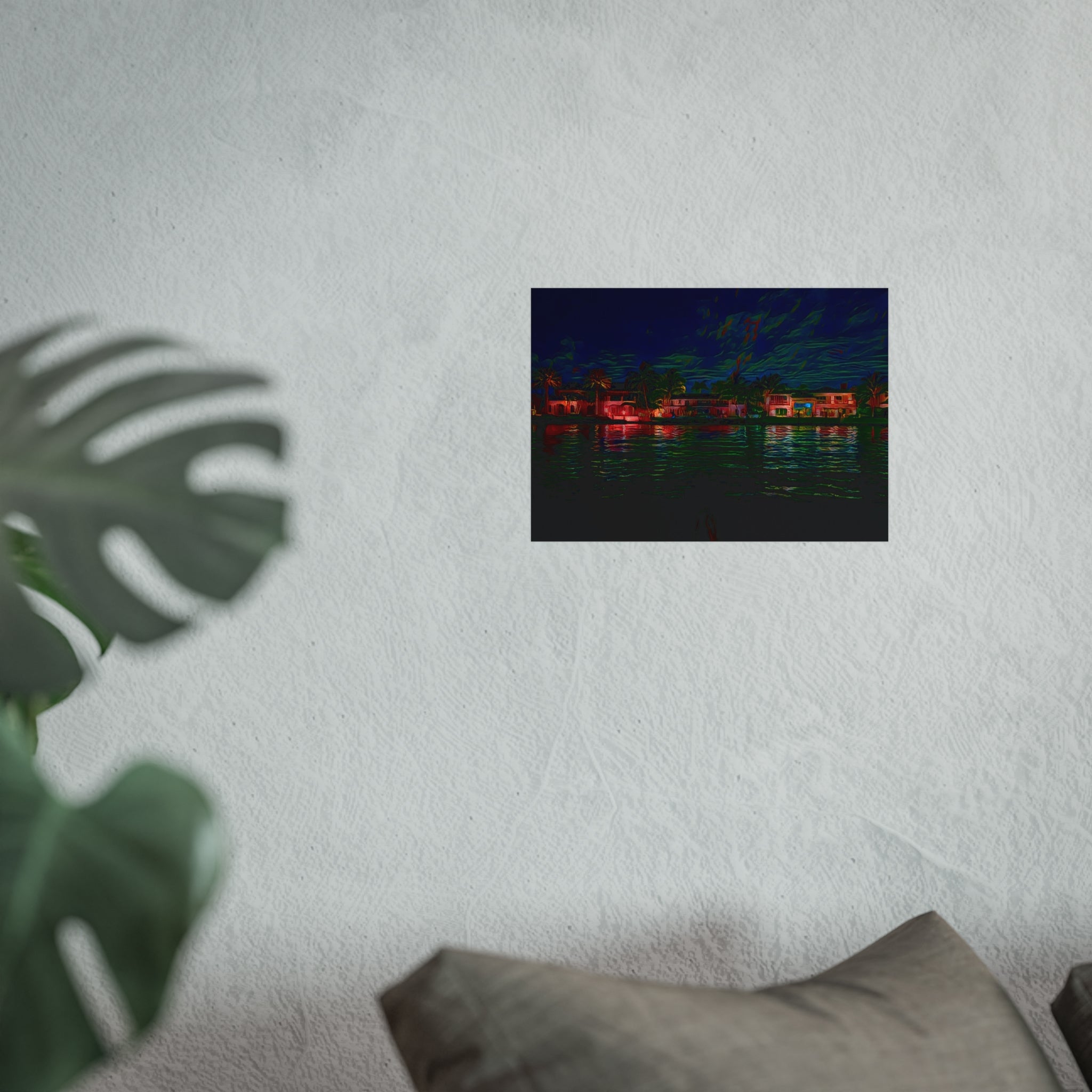 Neon Waterfront Fine Art Poster — Moody Nightscape Beach Houses Print