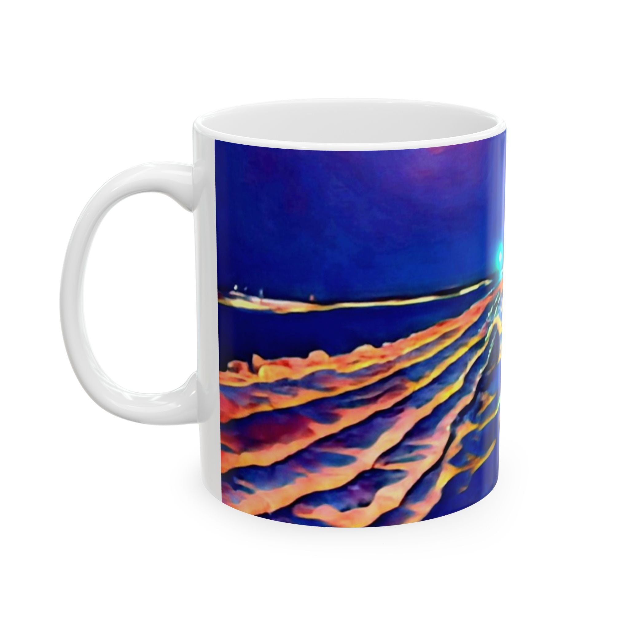 Ocean Nightscape Ceramic Mug — Abstract Coastal Wave Art (11oz, 15oz)