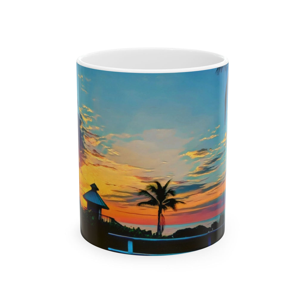 Sunset Beach Ceramic Mug — Tropical Palm Sunrise Coffee Cup (11oz, 15oz)