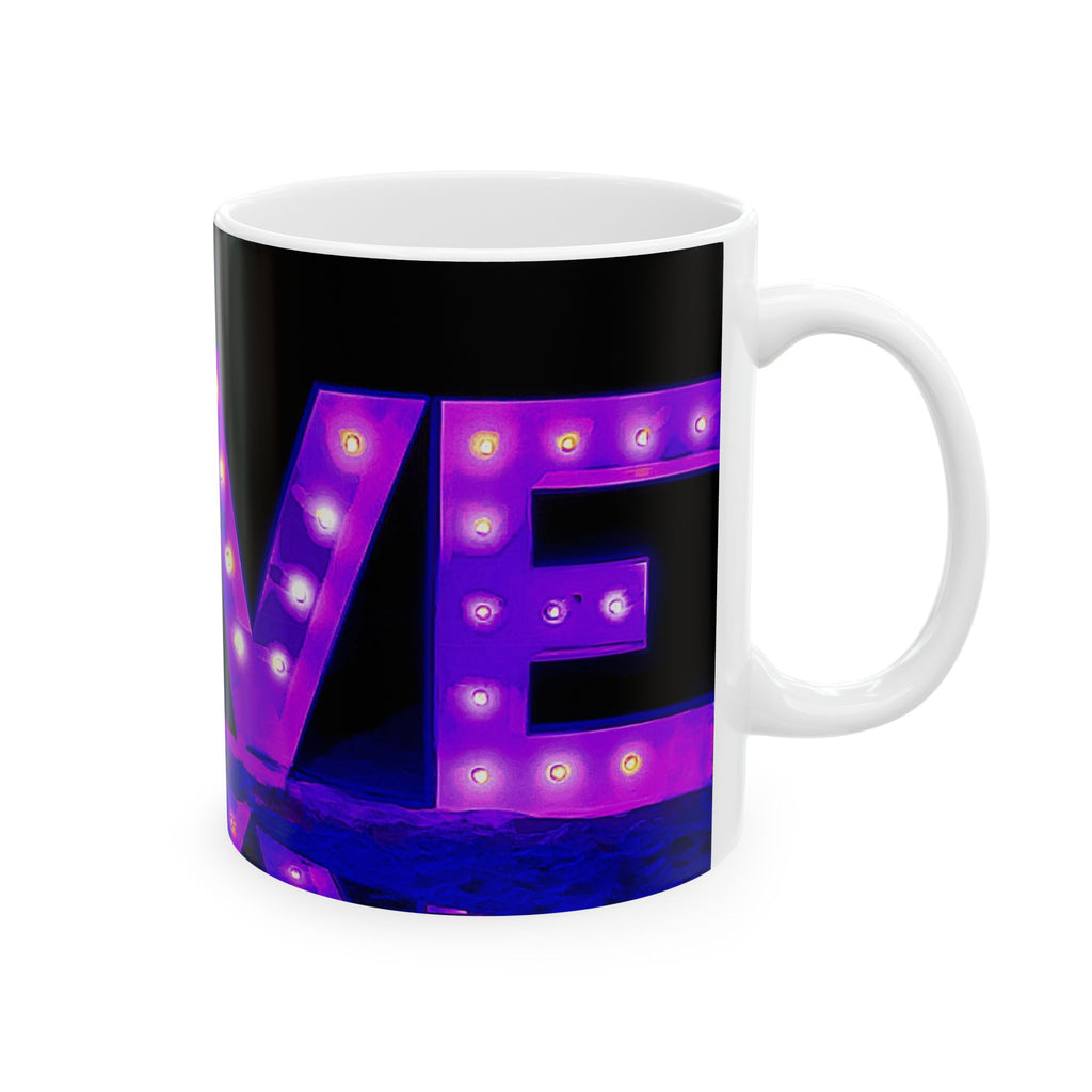 Love Marquee Ceramic Mug — Neon Purple LED Sign Coffee Cup (11oz & 15oz)