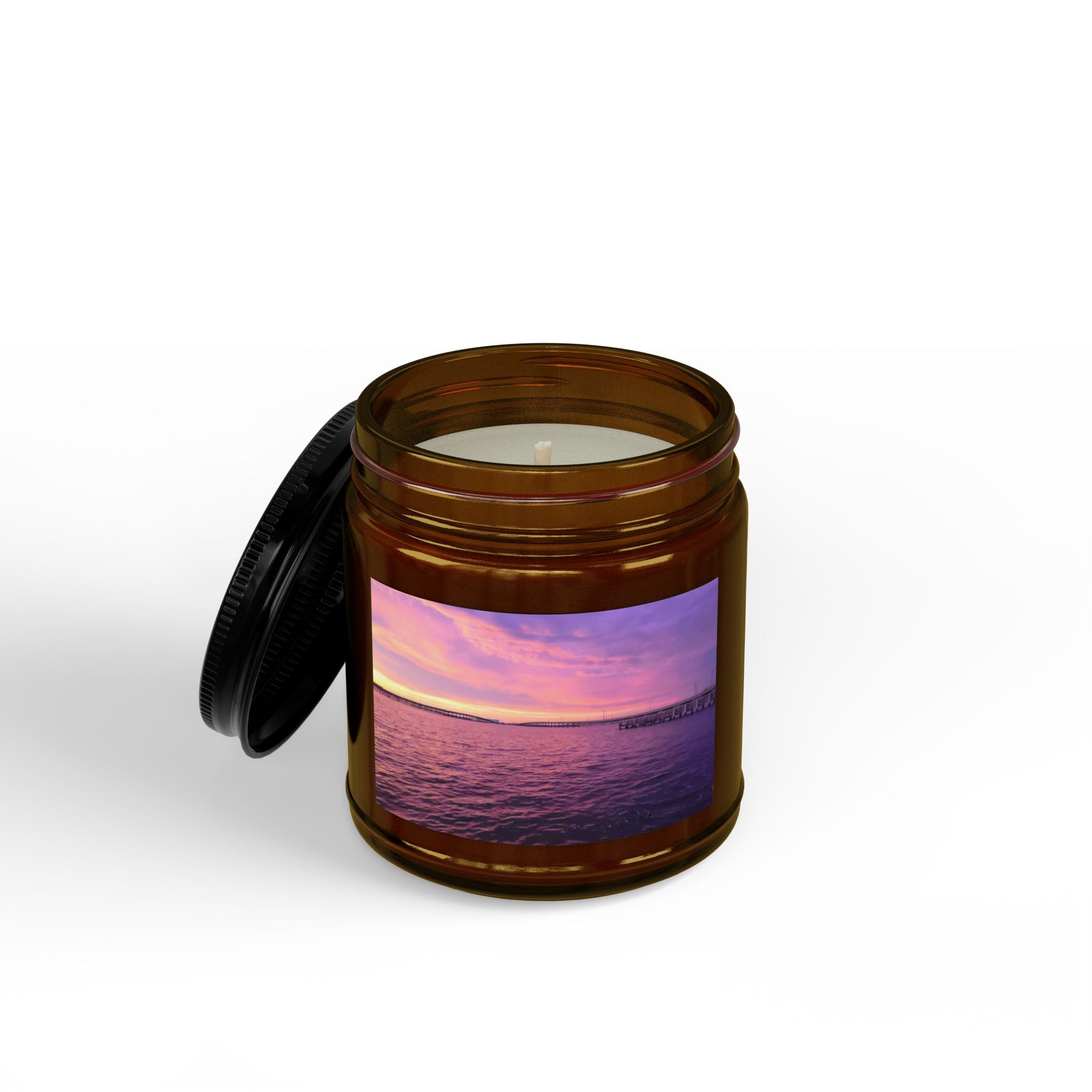 Sunset Sea Scented Soy Candle — 4oz & 9oz Amber Jar with Black Lid