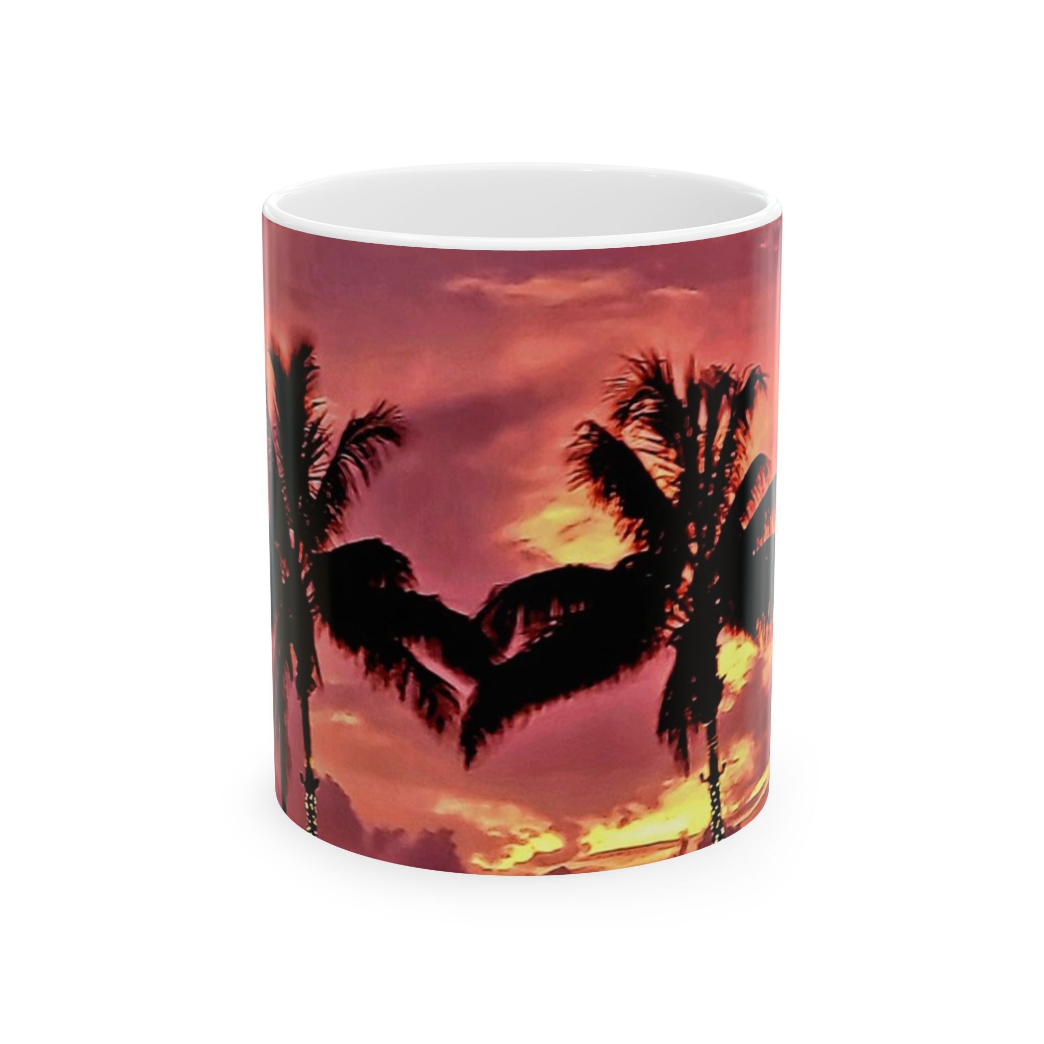 Sunset Palm Heart Ceramic Mug — Tropical Beach Coffee Cup (11oz & 15oz)